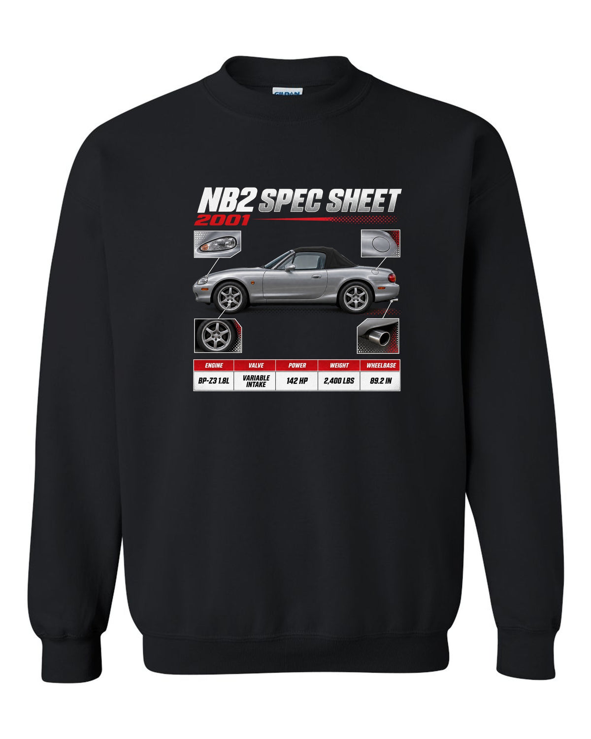 Spec poster print for the 2001 Mazda MX-5 NB2 reading NB2 spec sheet, 2001, variable intake black crewneck front view with the design