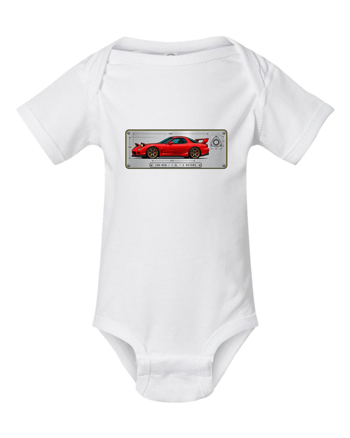 Spec plate print for a Mazda RX-7 FD3S listing 13B-REW, 1.3L and 2 rotors white baby onesie front view with the design