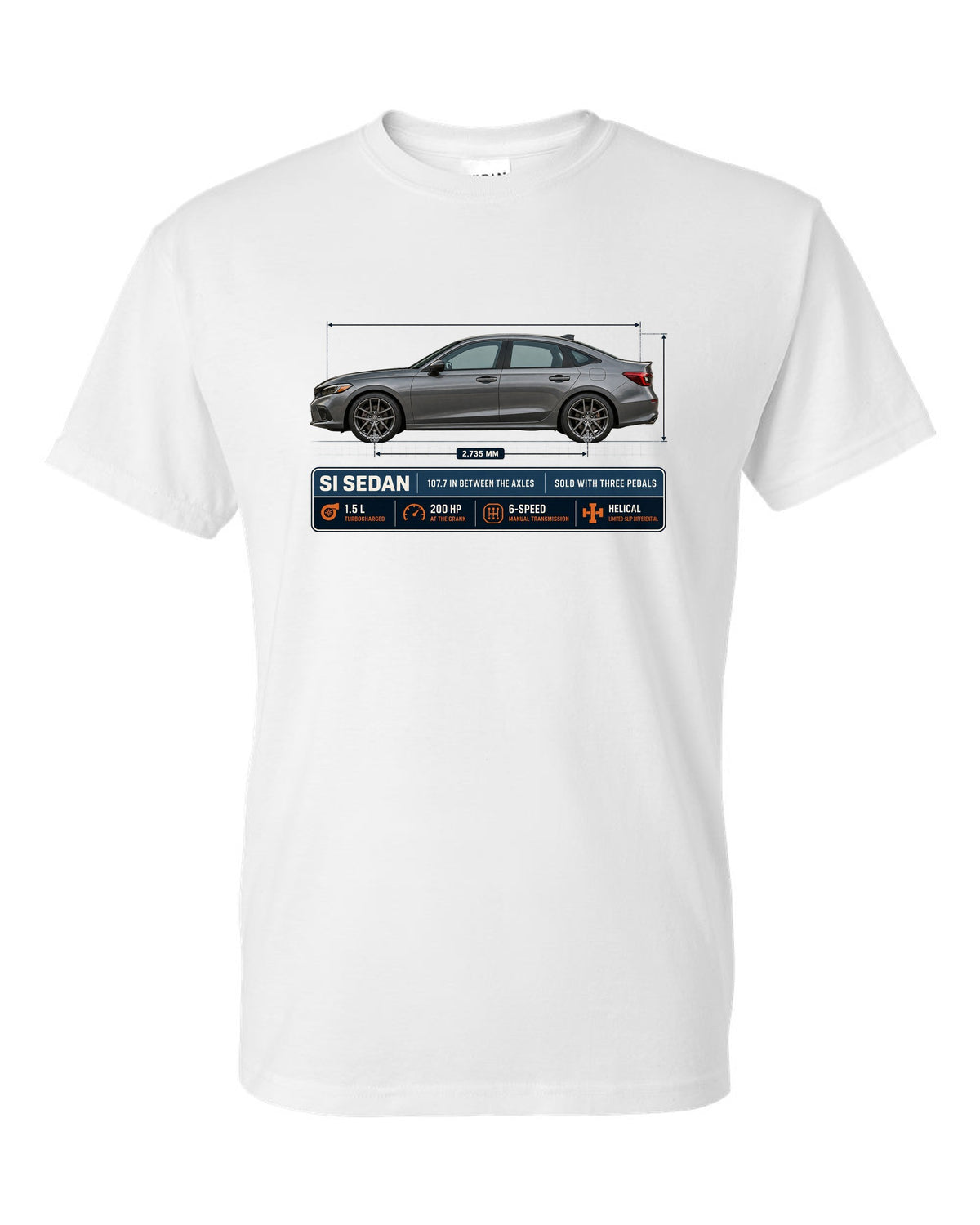 Civic Si FE1 Sedan Dimension Blueprint white t-shirt front view with the design