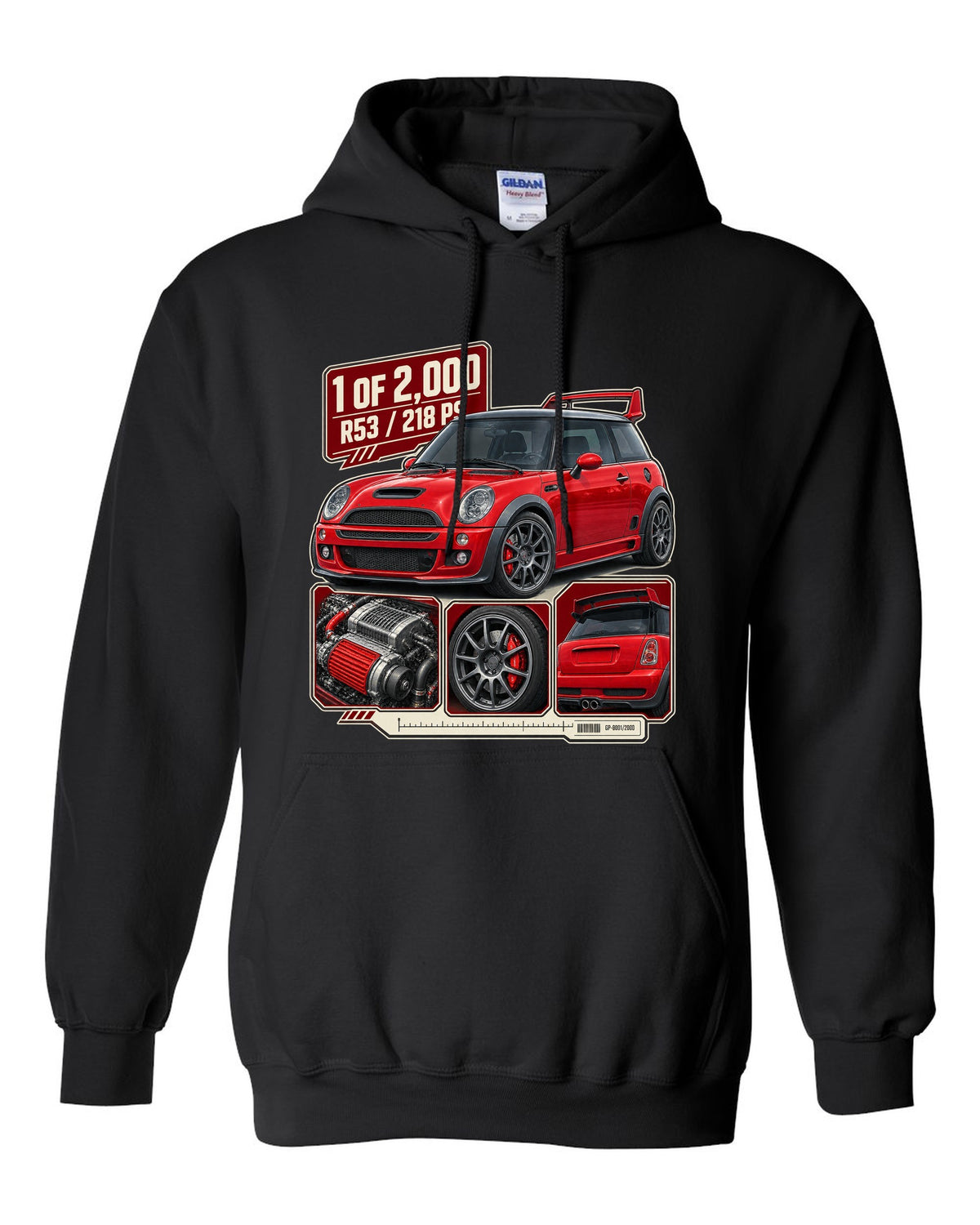 Dossier panel print for the Mini Cooper S Works GP R53 2006 showing 1 of 2,000 black pull over hoodie front view with the design