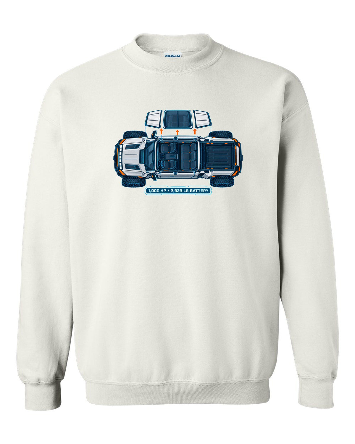GMC Hummer EV roof panels shown as a white and cyan blueprint with 1,000 HP and battery weight white crewneck front view with the design