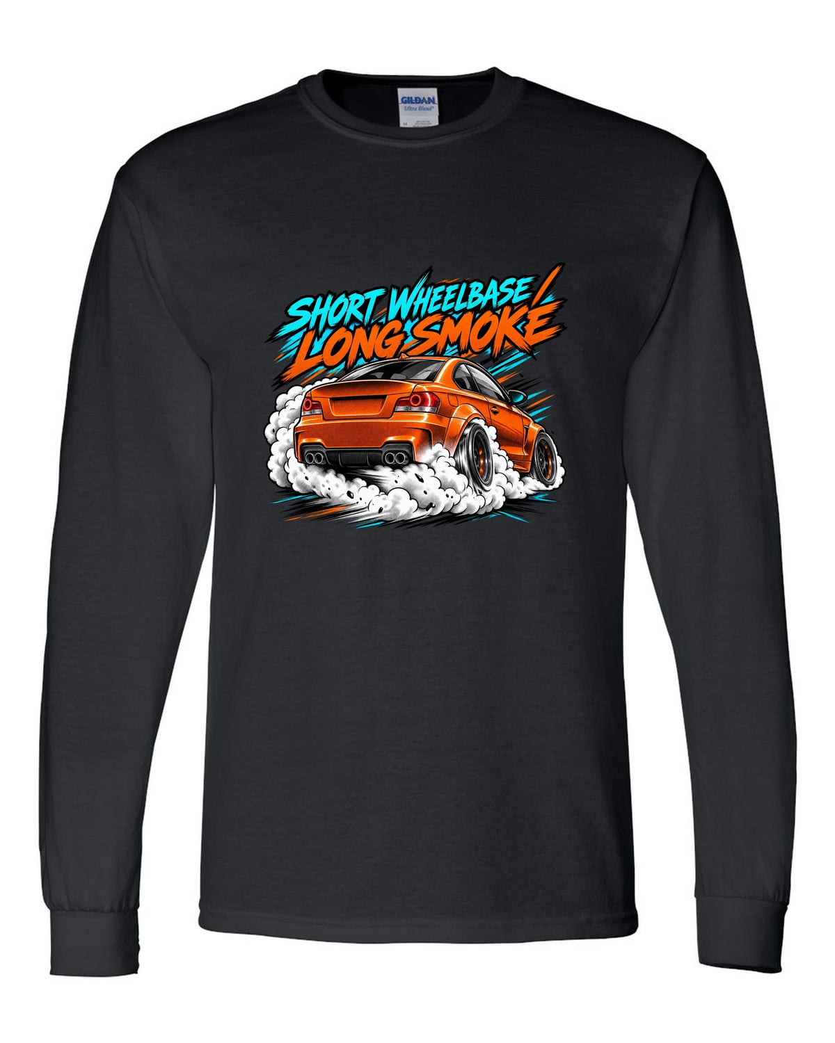 Retro manga halftone panel print of a BMW 1 Series M Coupe E82 burnout black long sleeve front view with the design