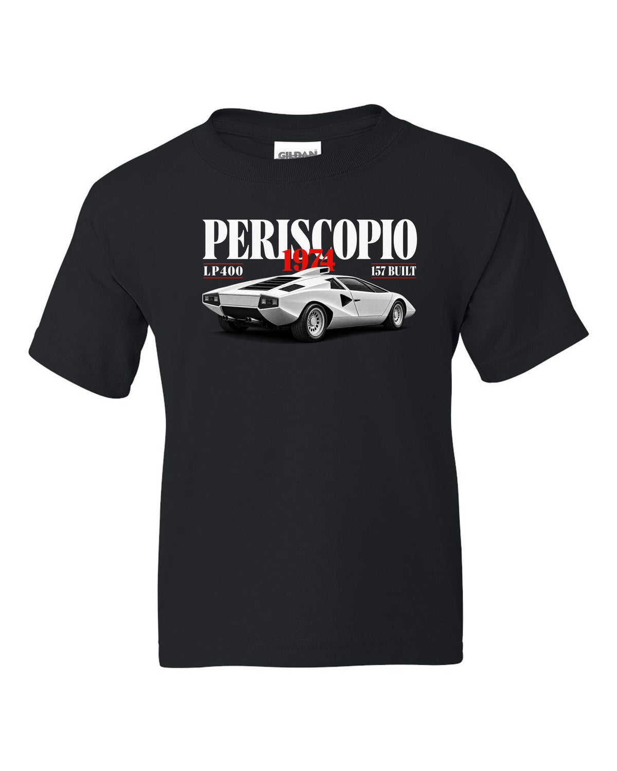 Editorial print of a Lamborghini Countach LP400 with periscopio and 157 built text black kids tee front view with the design