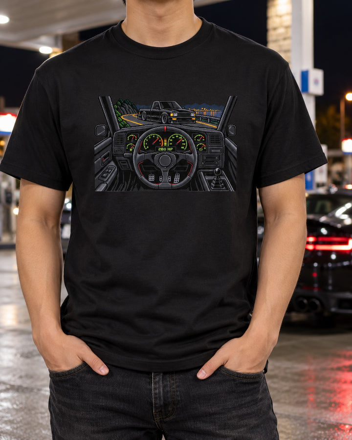 GMC Syclone 1991 8-Bit Pixel Gauge Shirt, 280 HP Retro Gaming T-Shirt Black worn hero