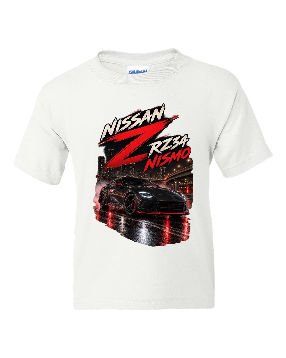 Nissan RZ34 Z spec poster with 2022 debut, VR30DDTT and 400 hp text white kids tee front view with the design