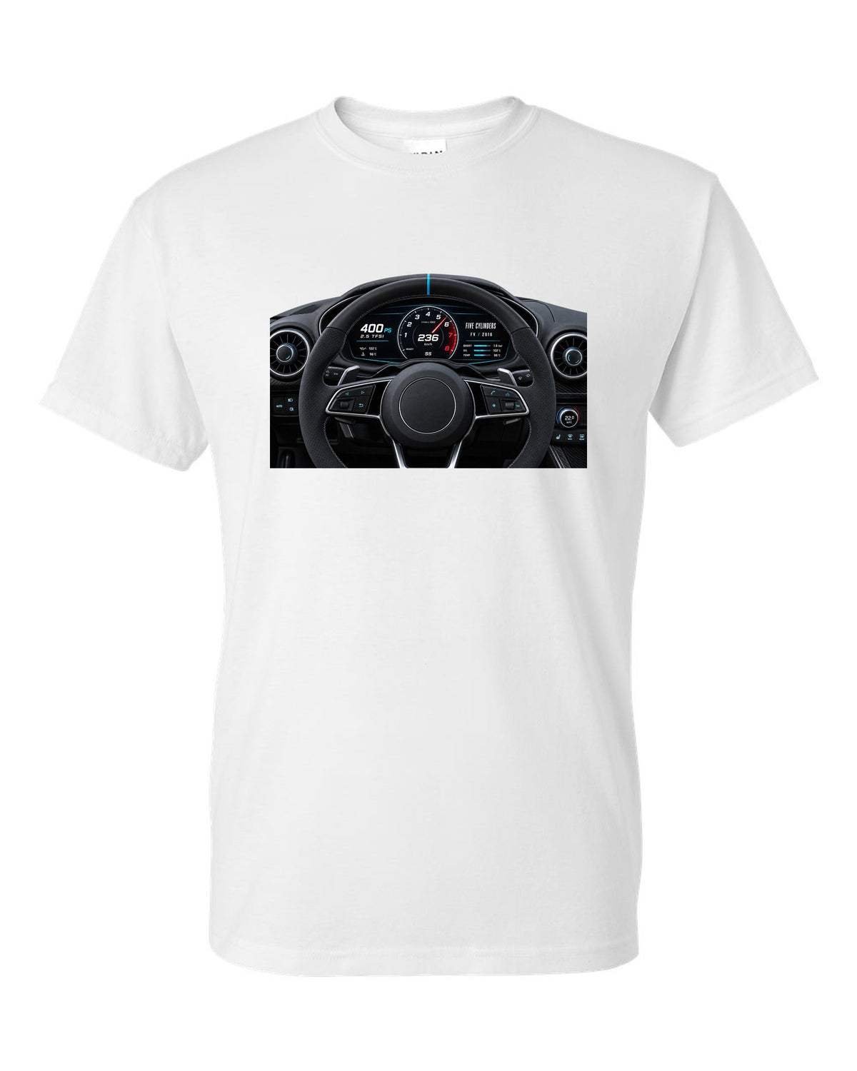 Audi TT RS FV virtual cockpit instrument cluster with 2.5 TFSI 400 PS text white t-shirt front view with the design