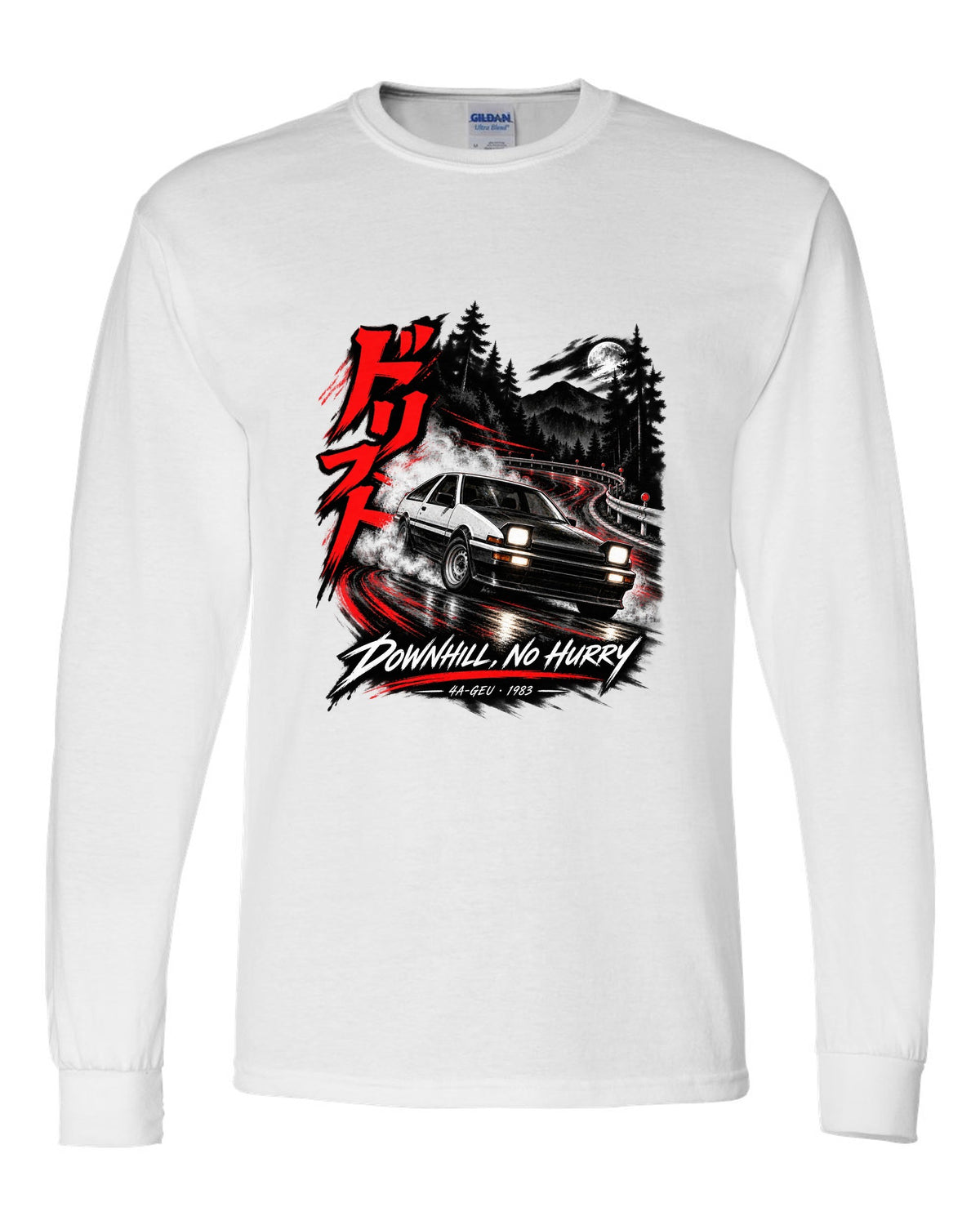 Touge night print of a Toyota Sprinter Trueno AE86 zenki with drift kanji and Downhill No Hurry text white long sleeve front view with the design