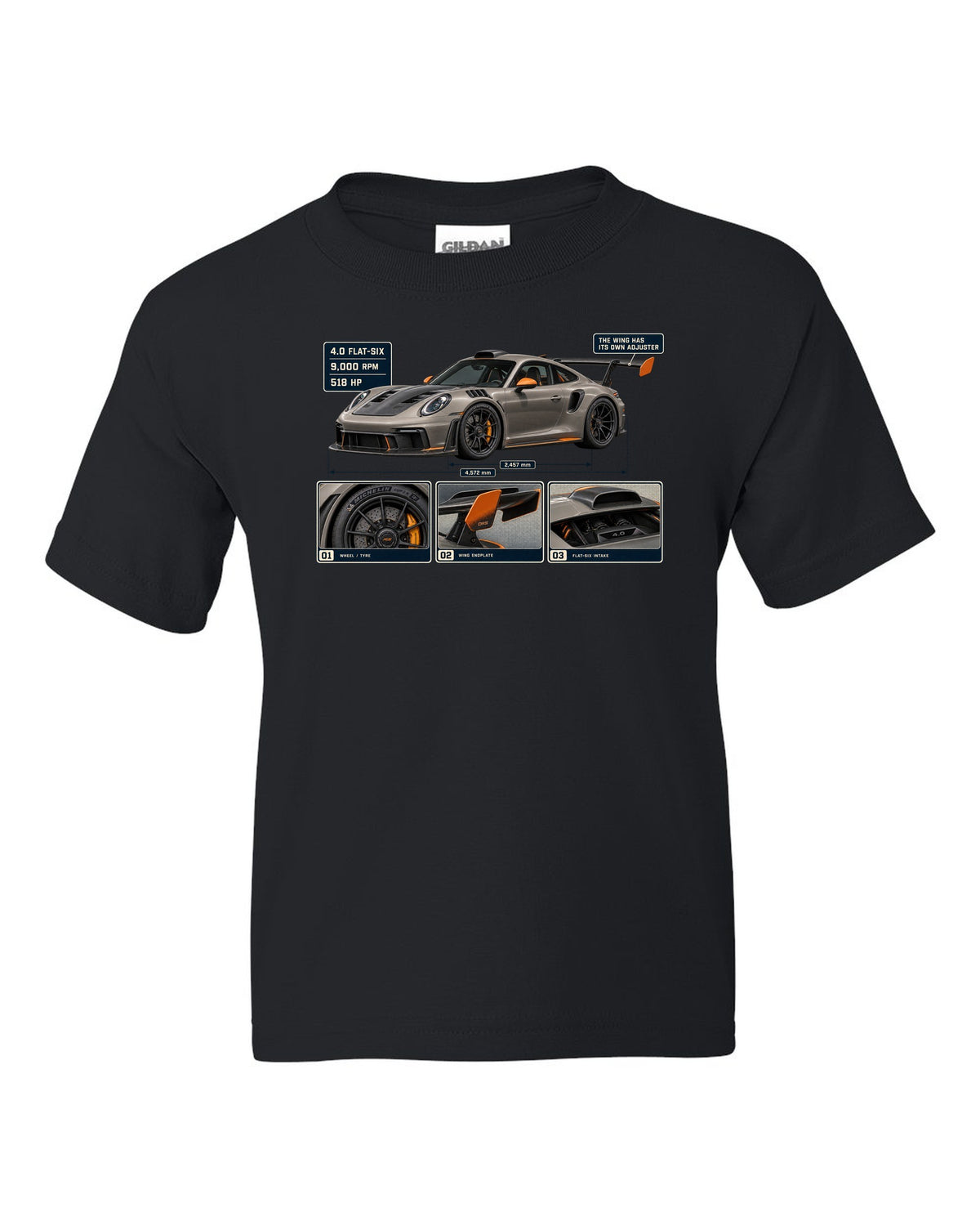 print dossier panels of a Porsche 911 GT3 RS 992 in warm grey with orange accents black kids tee front view with the design