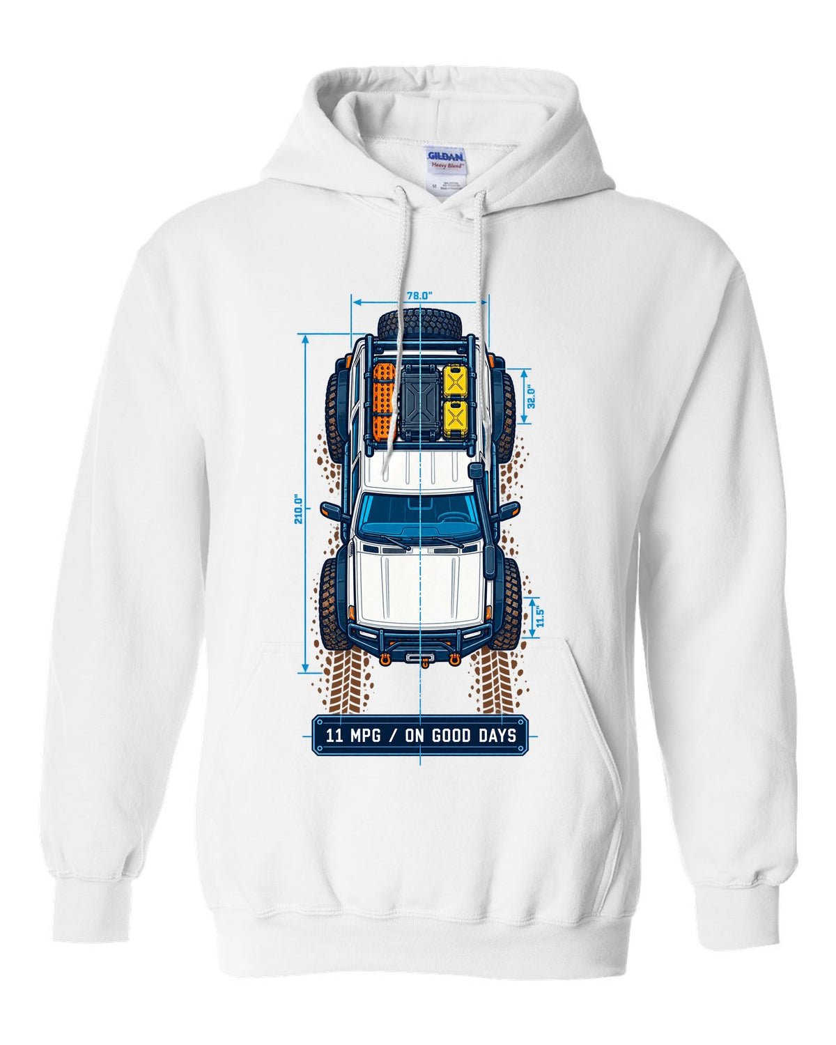 Top-down blueprint line art of a Toyota Land Cruiser FJ80 with roof rack and 11 MPG lettering white pull over hoodie front view with the design