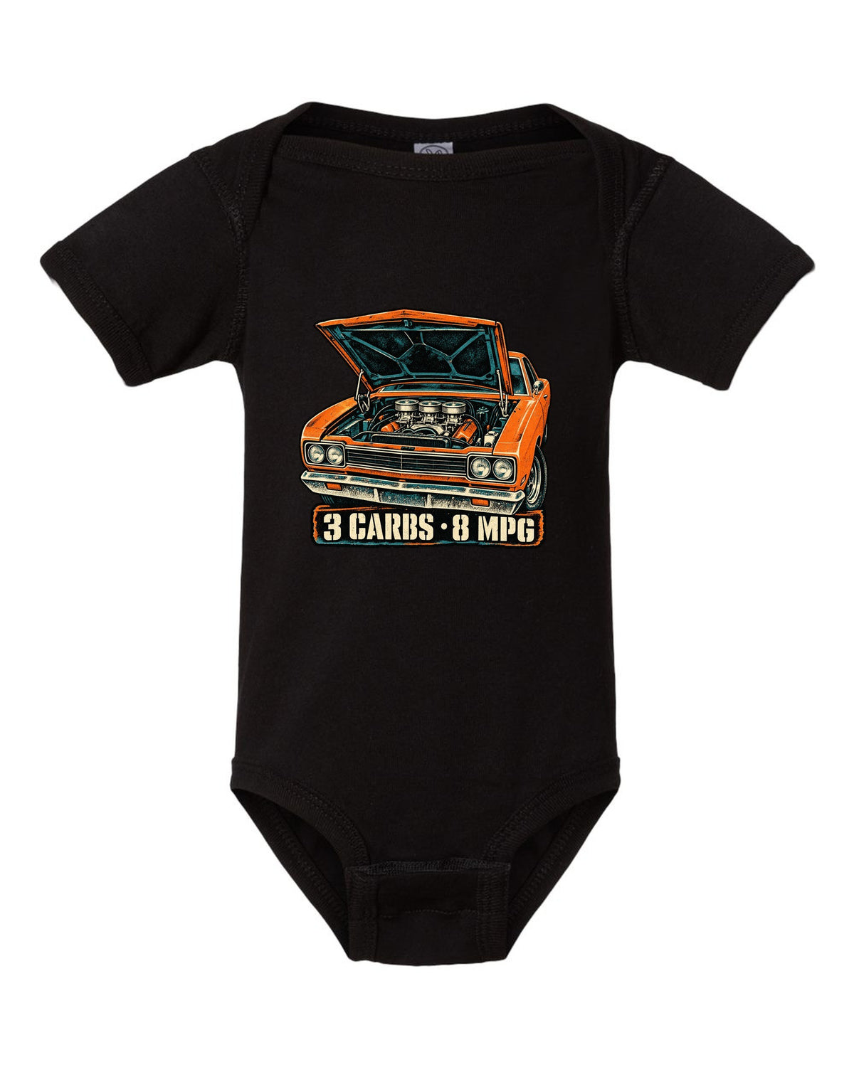 Four-colour grunge screen-print of a 1969 Plymouth Road Runner Six Pack with 3 carbs 8 MPG text black baby onesie front view with the design
