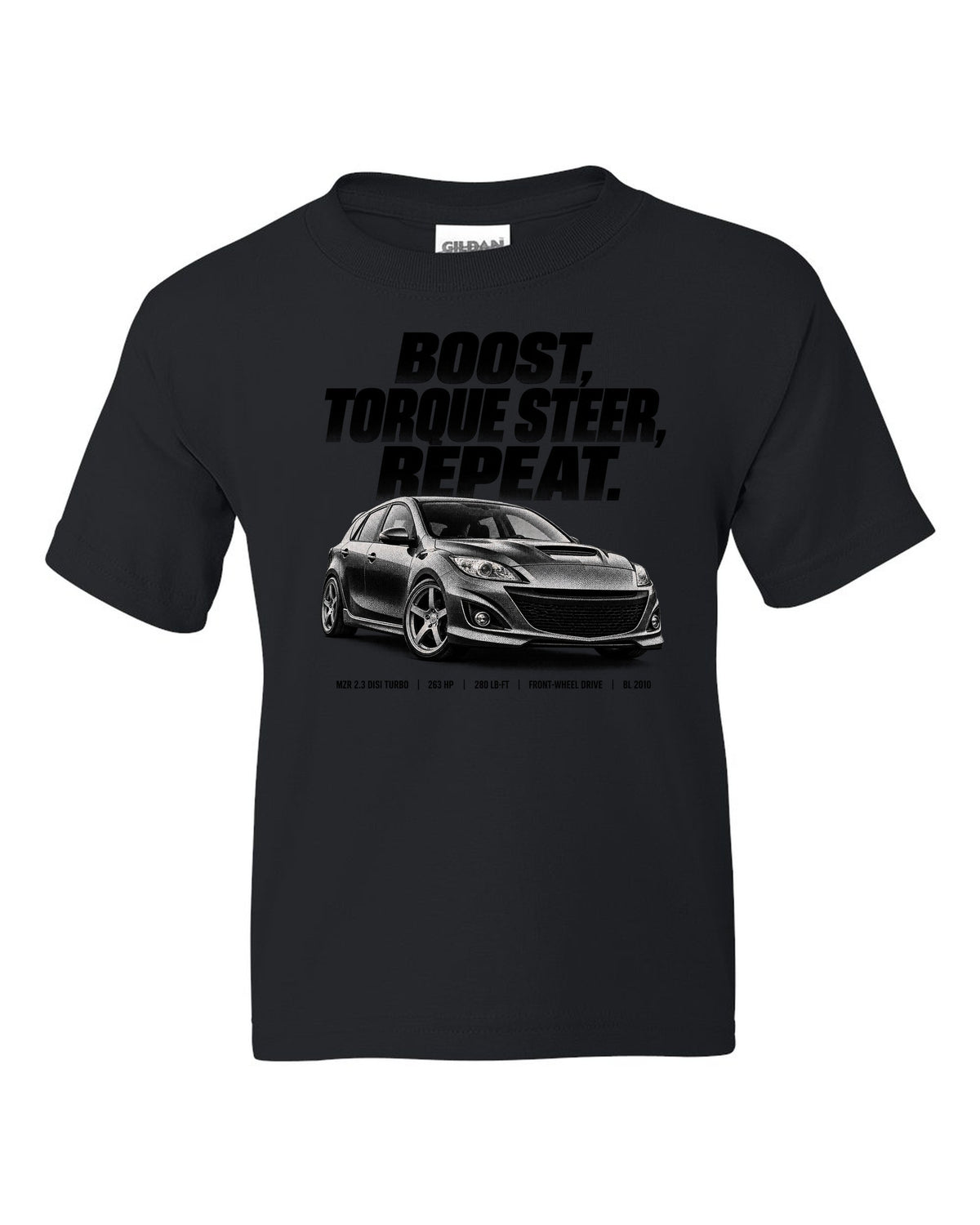 Halftone print for the 2010 Mazdaspeed3 BL reading boost, torque steer, repeat with MZR 2.3 DISI specs black kids tee front view with the design