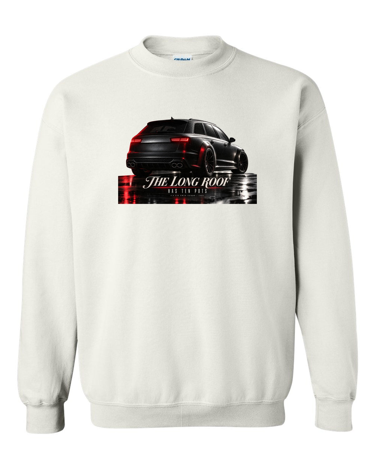 Audi RS6 Avant C6 4F V10 rear three-quarter in a garage with long roof text white crewneck front view with the design