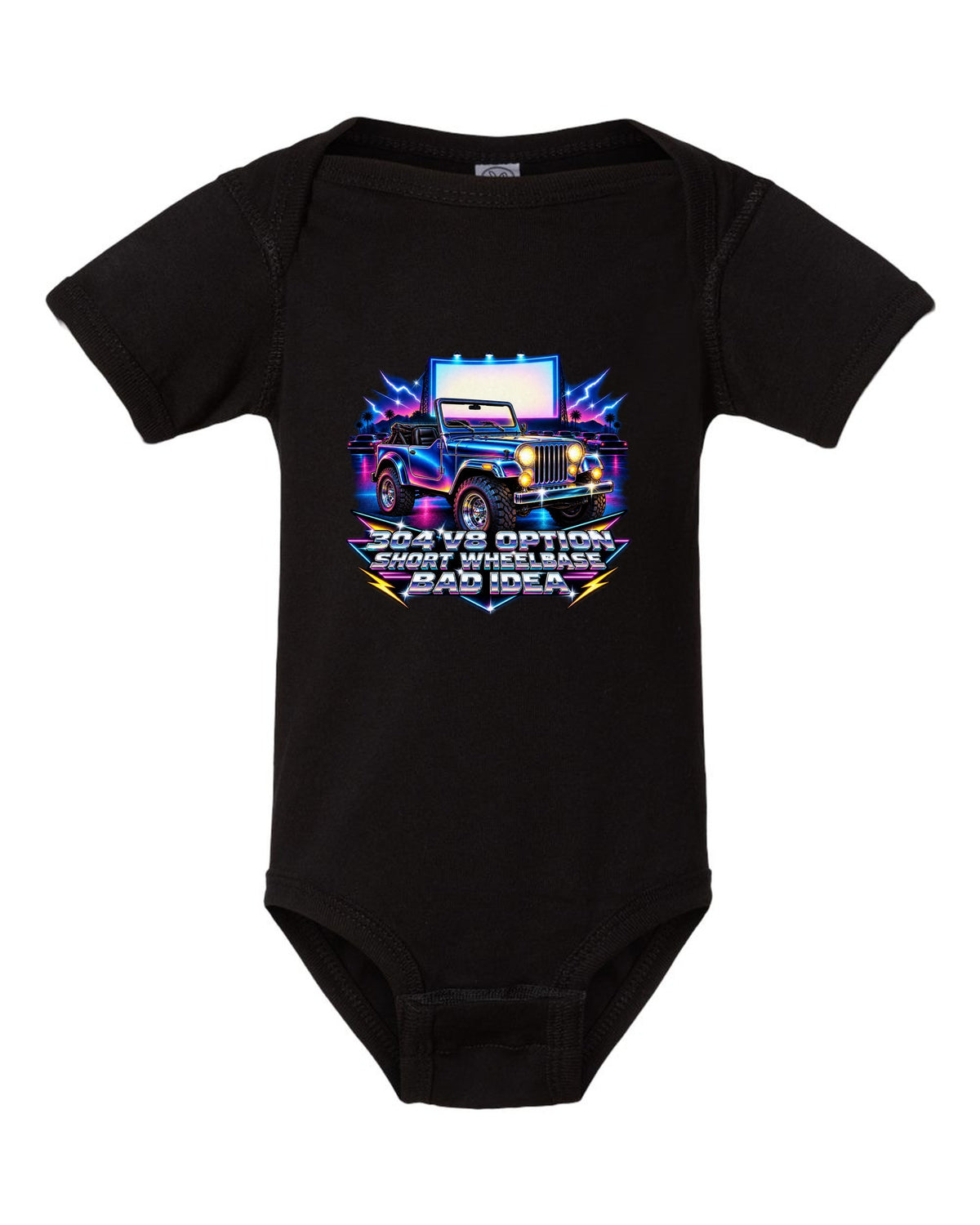 80s airbrush chrome print of a Jeep CJ-5 with 304 V8 option text black baby onesie front view with the design