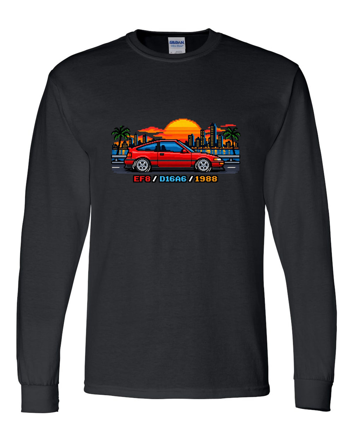 16-bit pixel art Honda CRX EF8 print with D16A6 and 1988 text black long sleeve front view with the design