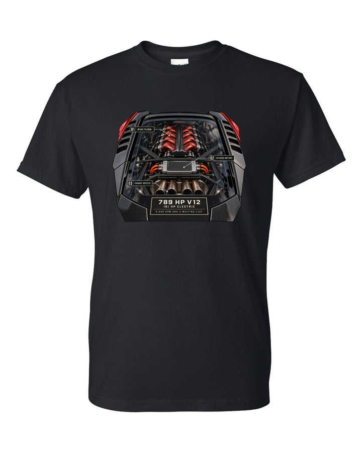 Ferrari LaFerrari engine hero print with 789 HP V12 and 9,000 rpm black t-shirt front view with the design