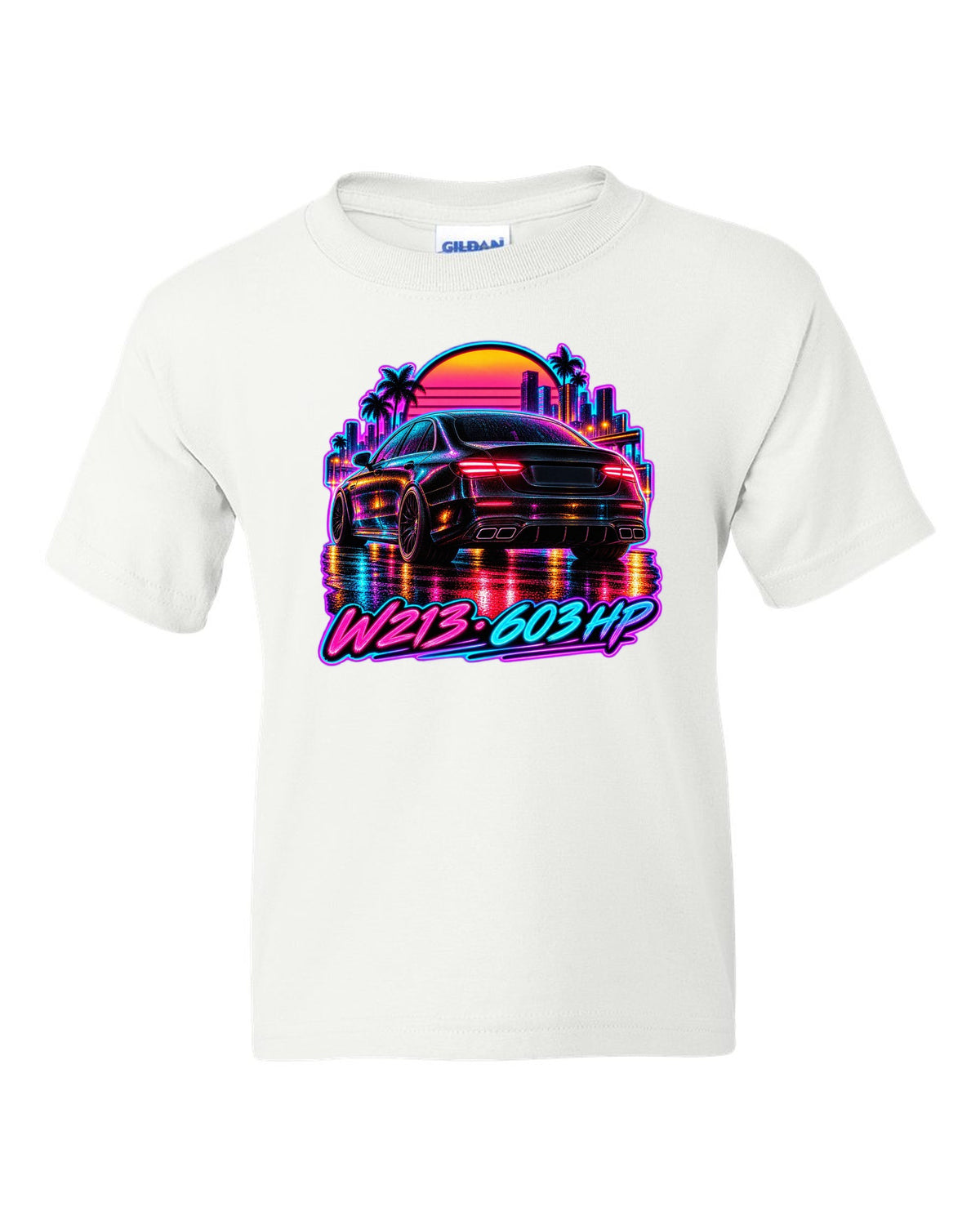Synthwave wet road scene with a Mercedes E63 AMG W213 and 603 HP text white kids tee front view with the design