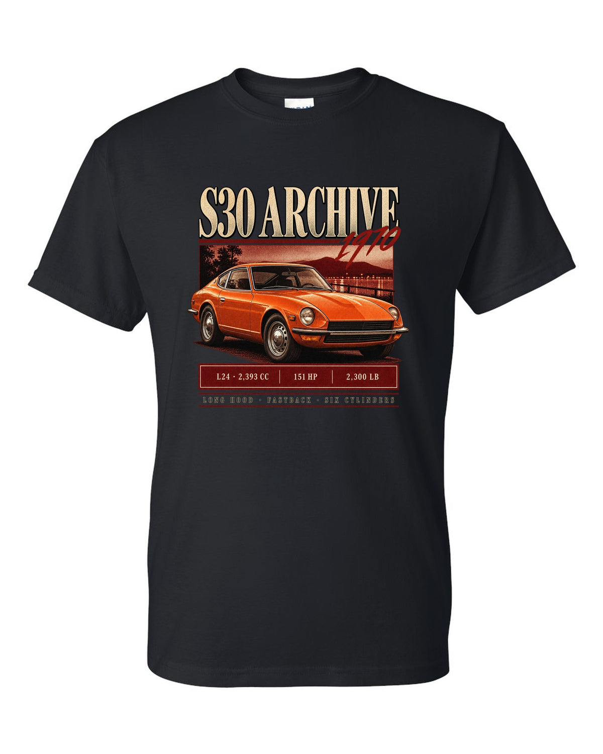 Archive panel print of a 1970 Datsun 240Z S30 with L24 engine figures black t-shirt front view with the design