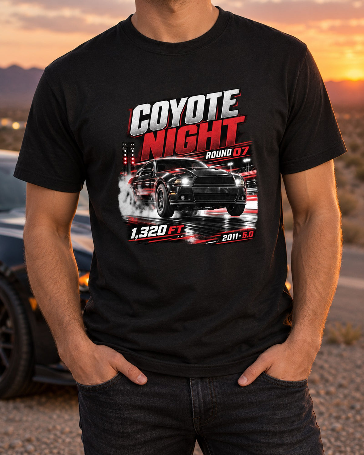 Coyote Night Race Poster Shirt, 2011 Mustang GT 5.0 T-Shirt Black worn hero