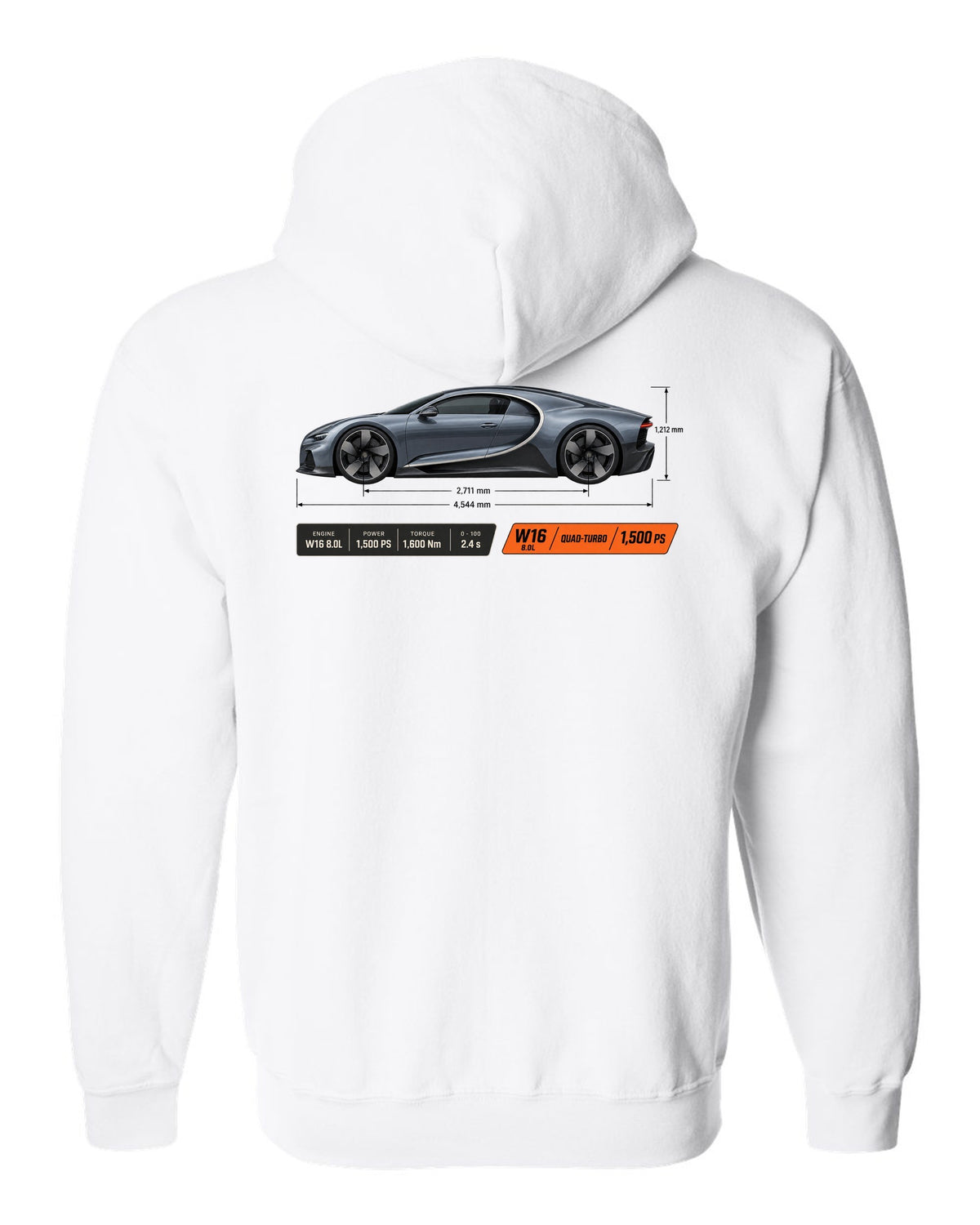 Bugatti Chiron W16 Dimension Blueprint white zip hoodie back view with the design