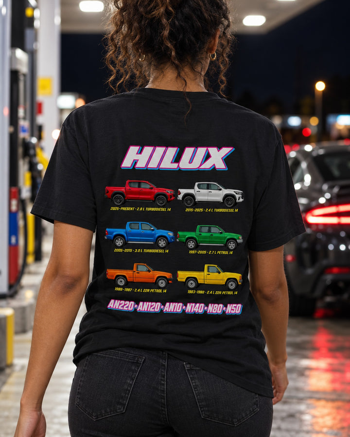 Toyota Hilux Evolution Poster Full-Back Graphic Tee T-Shirt Black worn hero