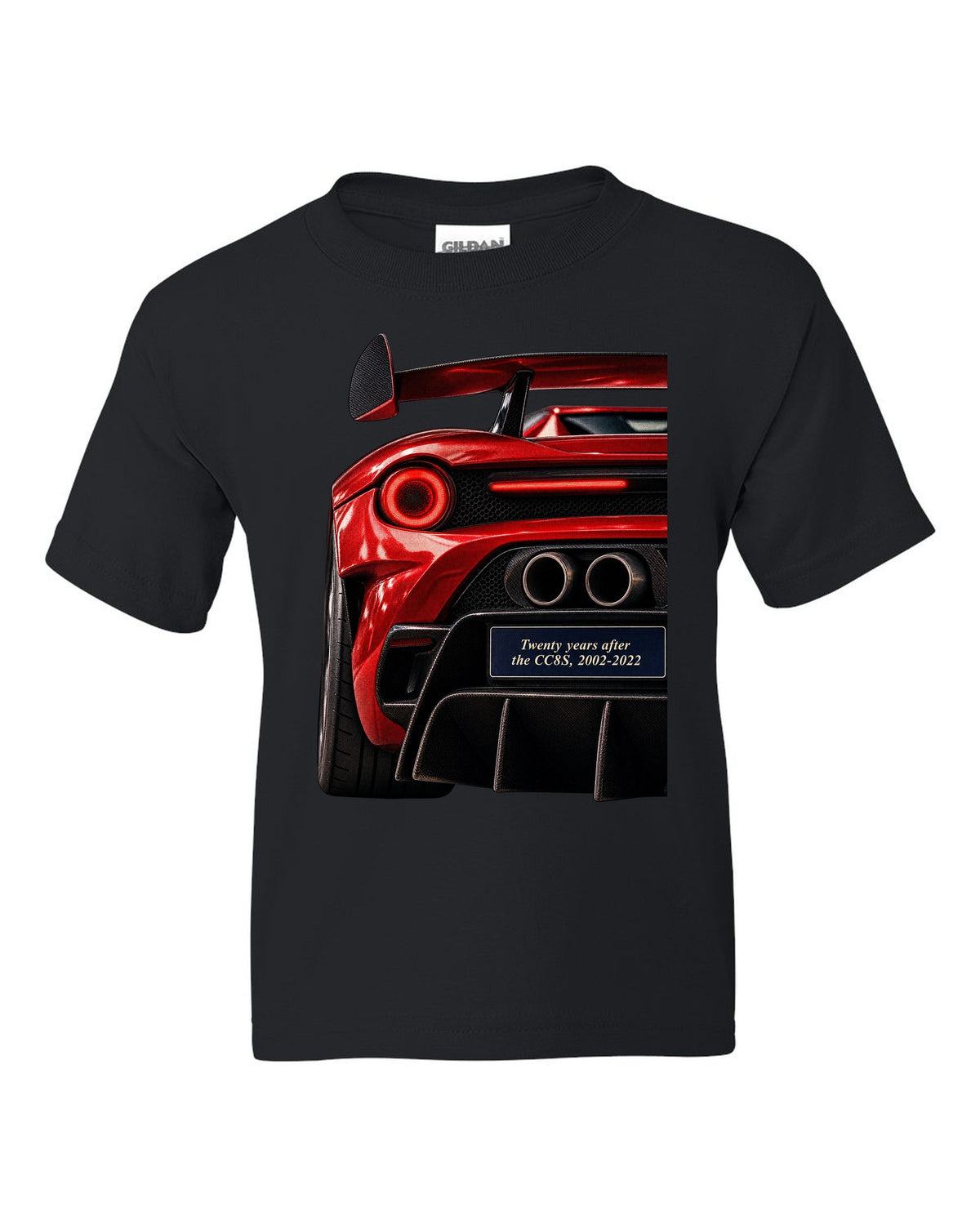 Taillight macro print of the Koenigsegg CC850 with the text twenty years after the CC8S, 2002-2022 black kids tee front view with the design