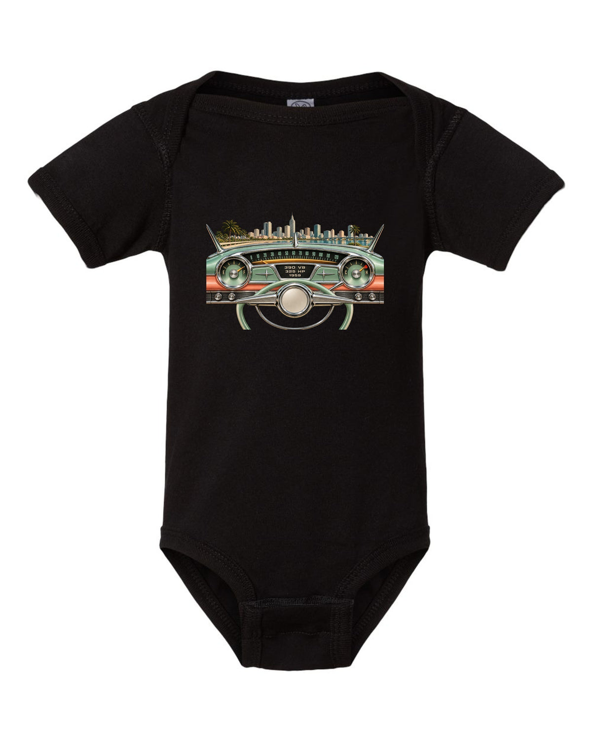 1959 Cadillac Series 62 dashboard instrument cluster HUD graphic with 390 V8 text black baby onesie front view with the design