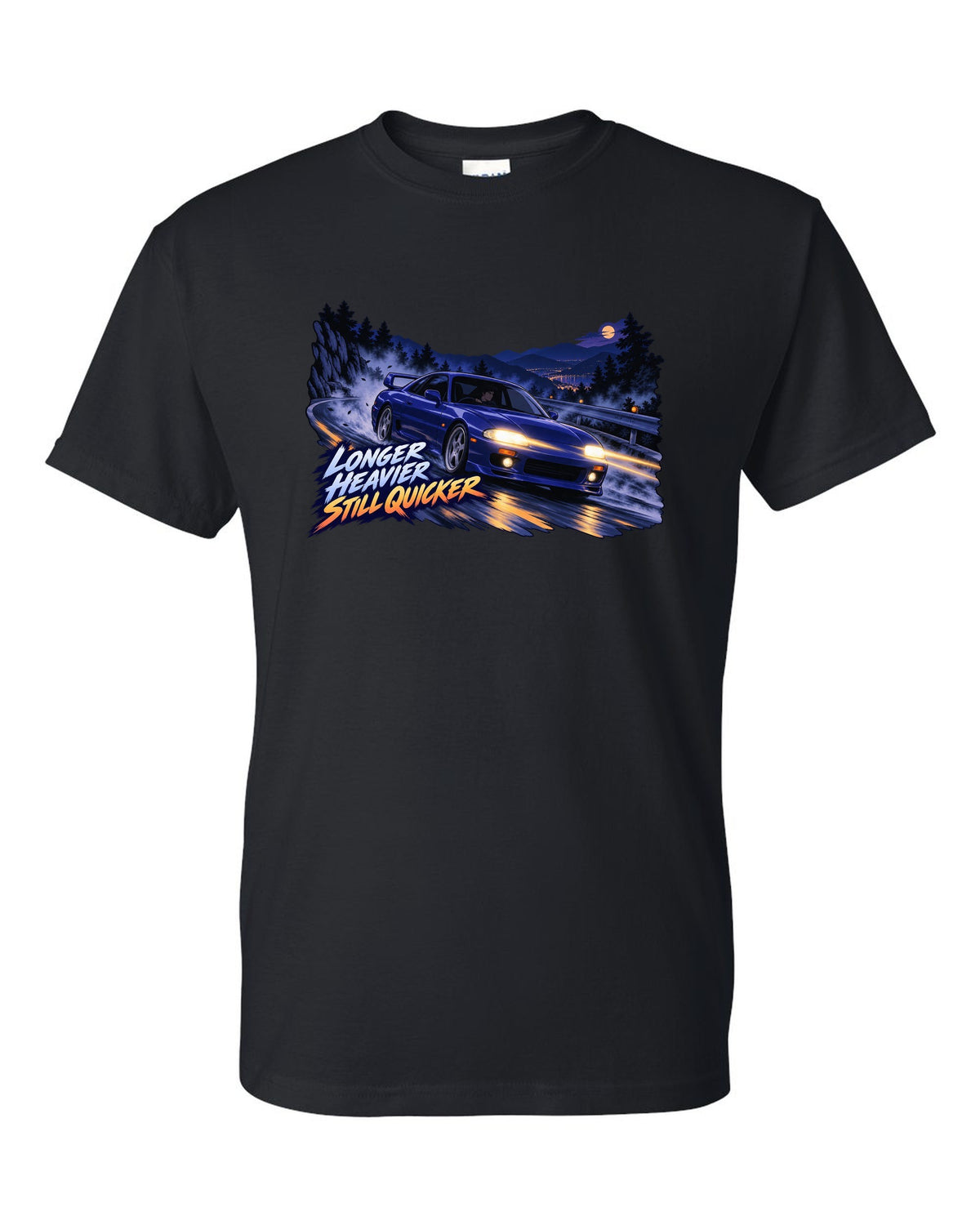 Cel-shaded 90s anime night touge print of a Nissan Skyline GT-R BCNR33 with longer heavier still quicker lettering black t-shirt front view with the design