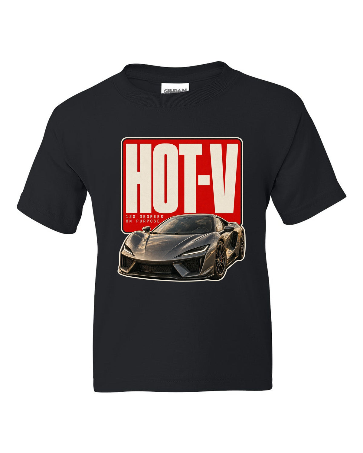 Editorial headline print of a McLaren Artura with hot-V 120 degree text black kids tee front view with the design