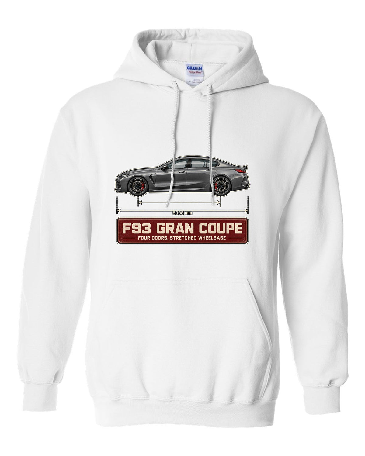 BMW M8 Competition Gran Coupe F93 blueprint print on a tee white pull over hoodie front view with the design