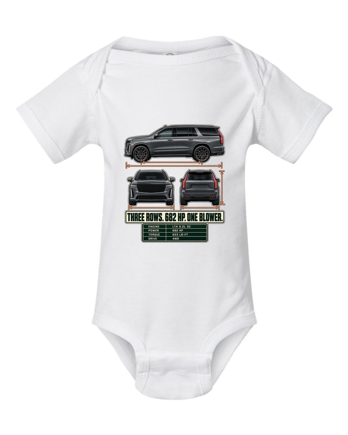 Three-view and spec table print of a 2023-25 Cadillac Escalade-V white baby onesie front view with the design