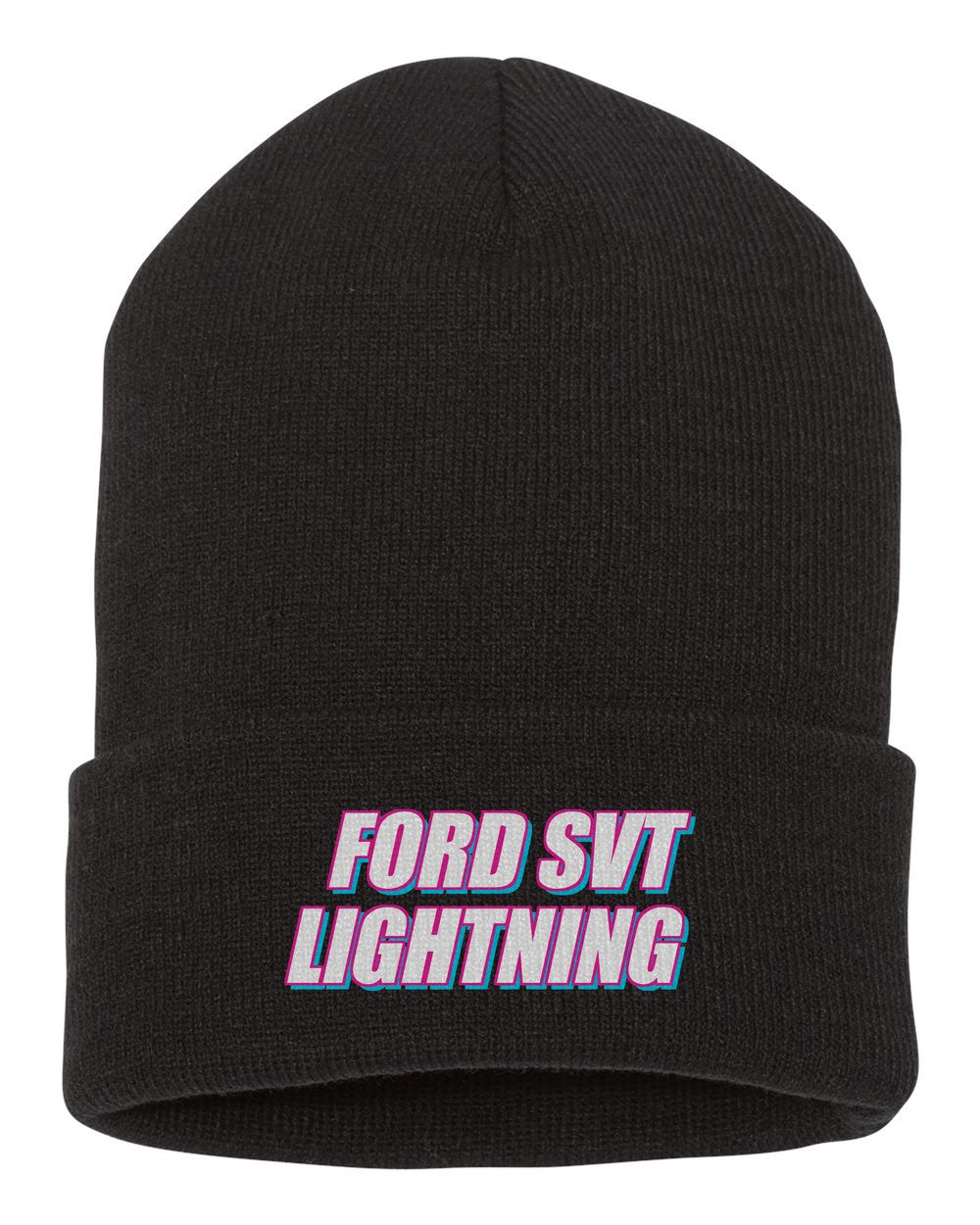 Ford Svt Lightning black beanie front view with car name