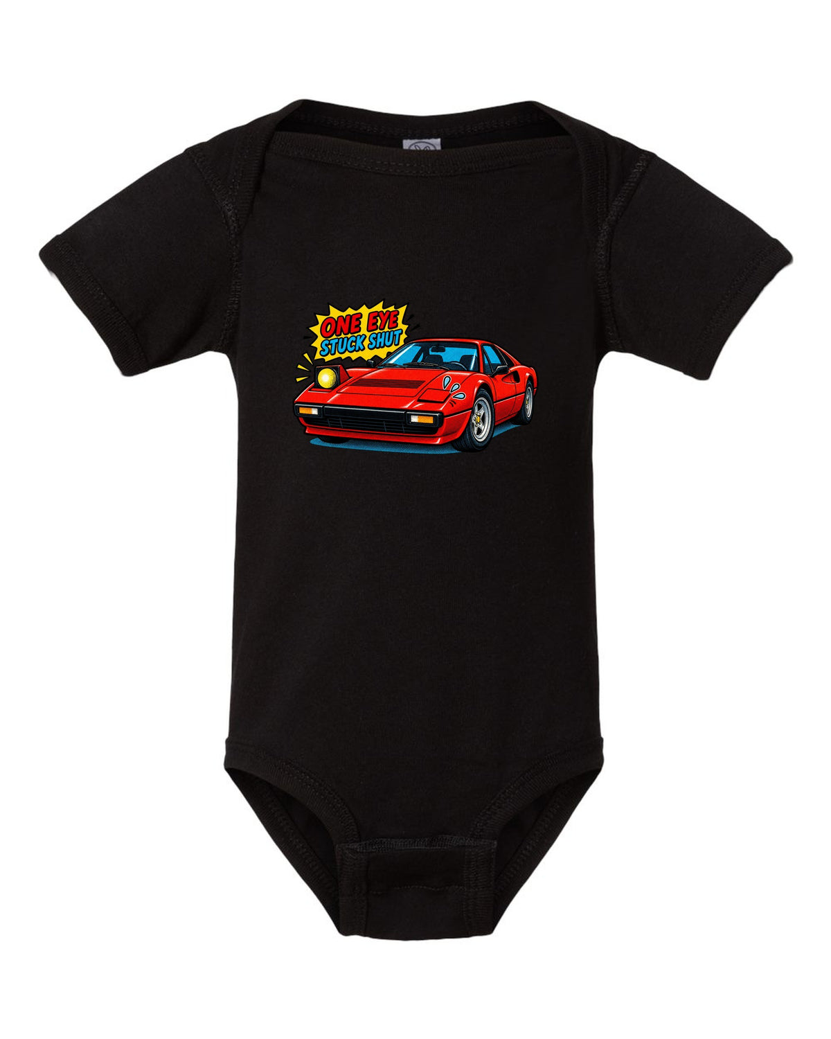 Comic halftone print of a Ferrari 308 GTB with one pop-up headlight stuck shut black baby onesie front view with the design