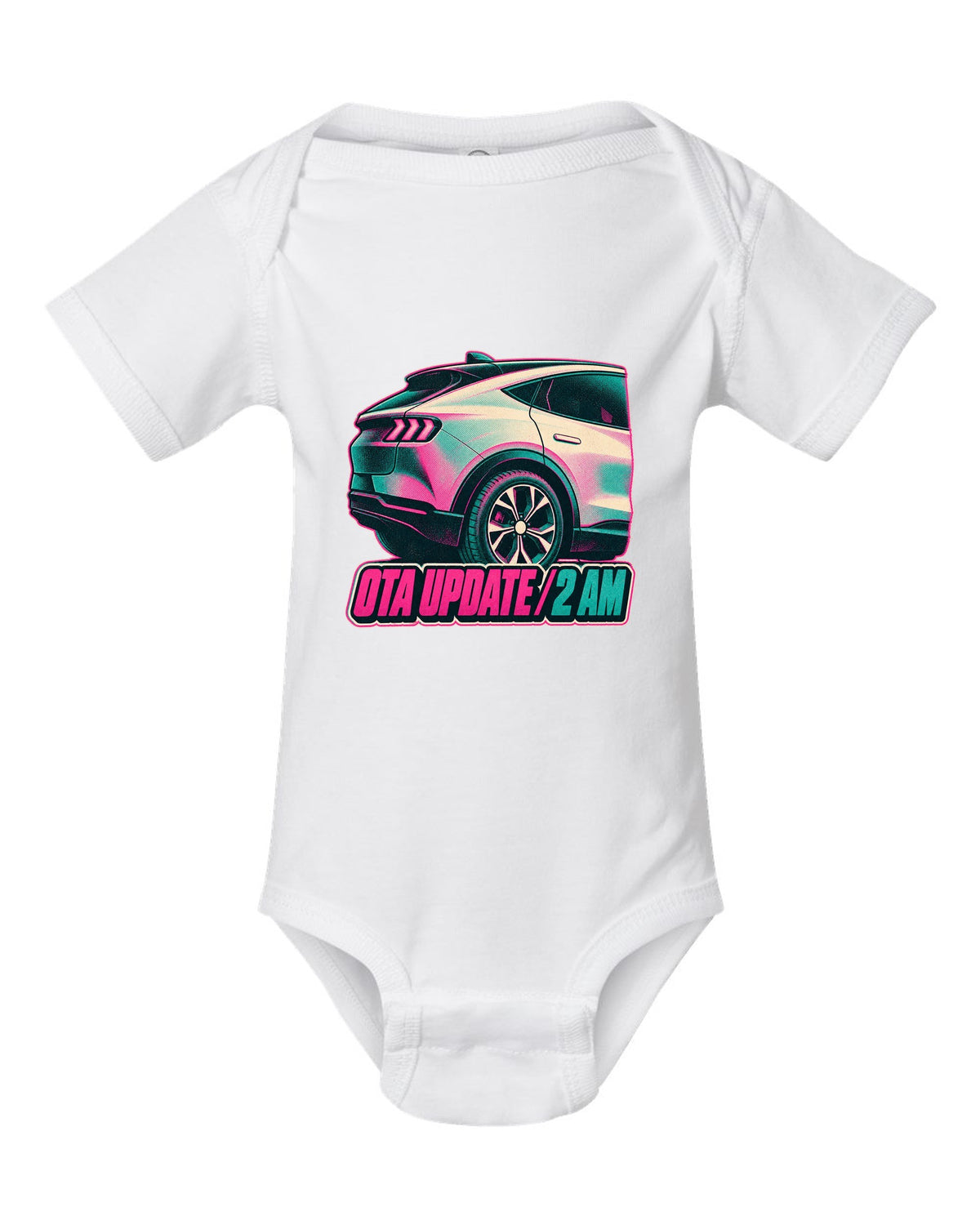 Risograph halftone wheel print of a 2020 Mustang Mach-E CX727 reading OTA Update 2 AM white baby onesie front view with the design