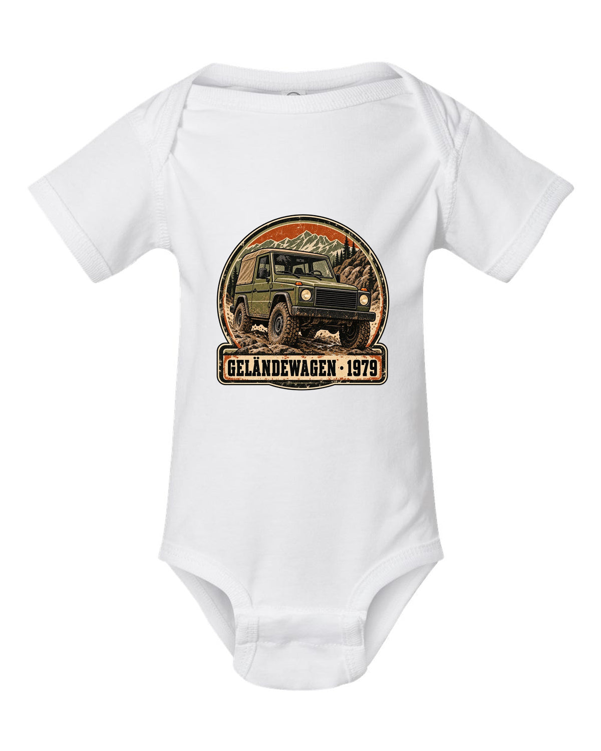 Flat minimal vector graphic of keys on a dish reading 12 MPG Worth It for a Mercedes G63 W464, print white baby onesie front view with the design