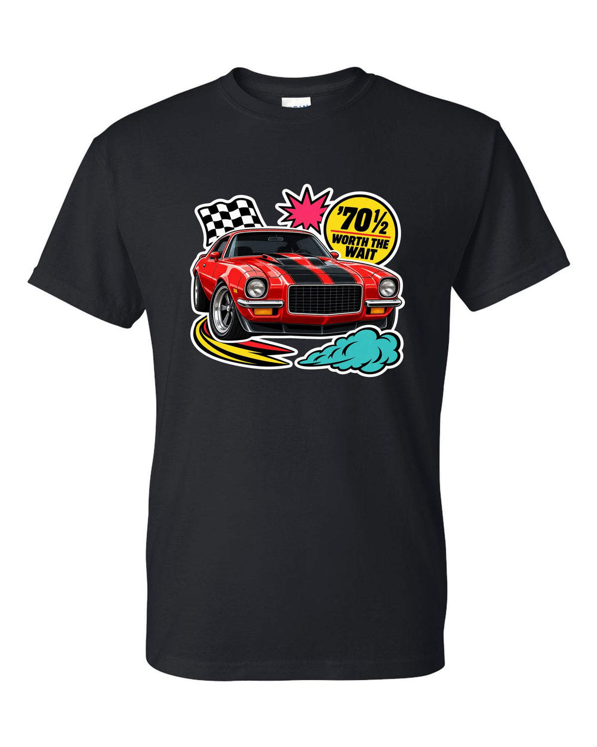 Sticker-bomb collage with die-cut edges of a 1970 Chevrolet Camaro Z28 black t-shirt front view with the design