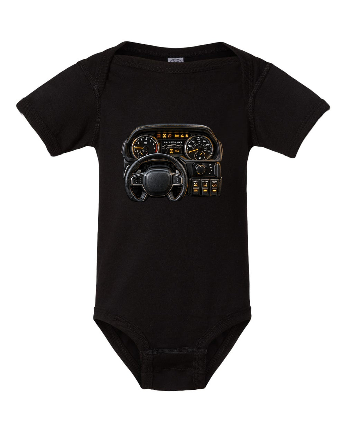 Cockpit gauge print of a Ram 2500 Power Wagon showing locker and sway bar readouts black baby onesie front view with the design