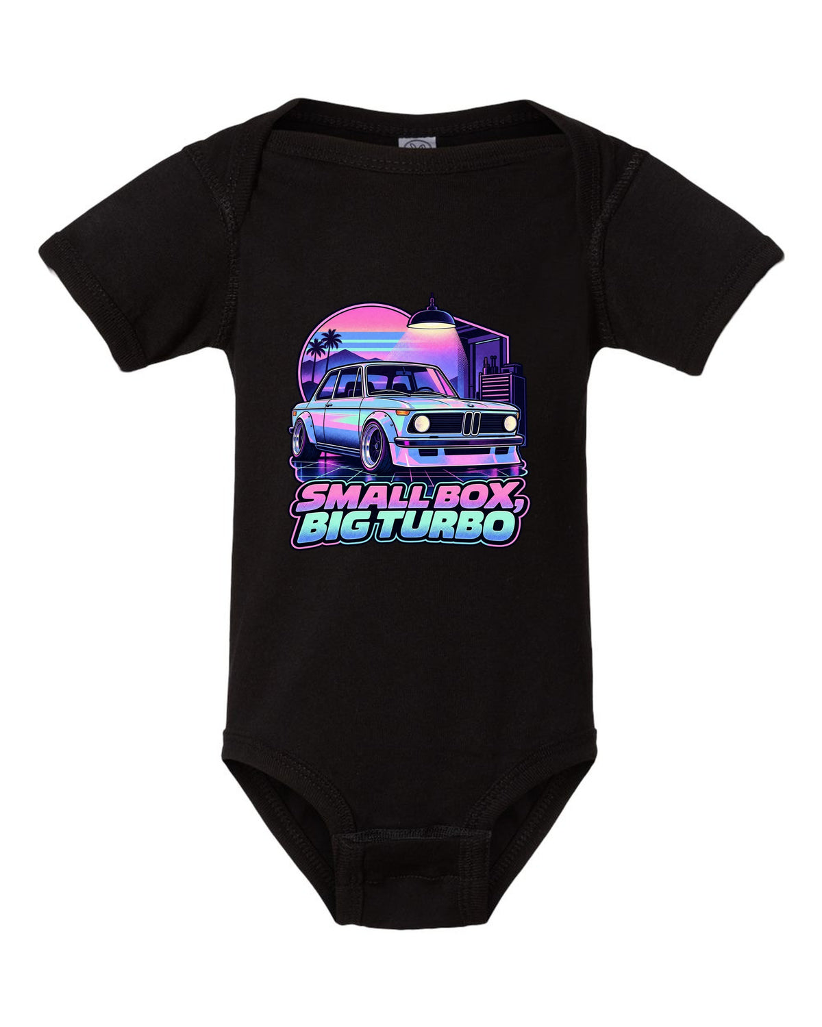 BMW 2002 turbo vaporwave pastel print with small box big turbo text black baby onesie front view with the design