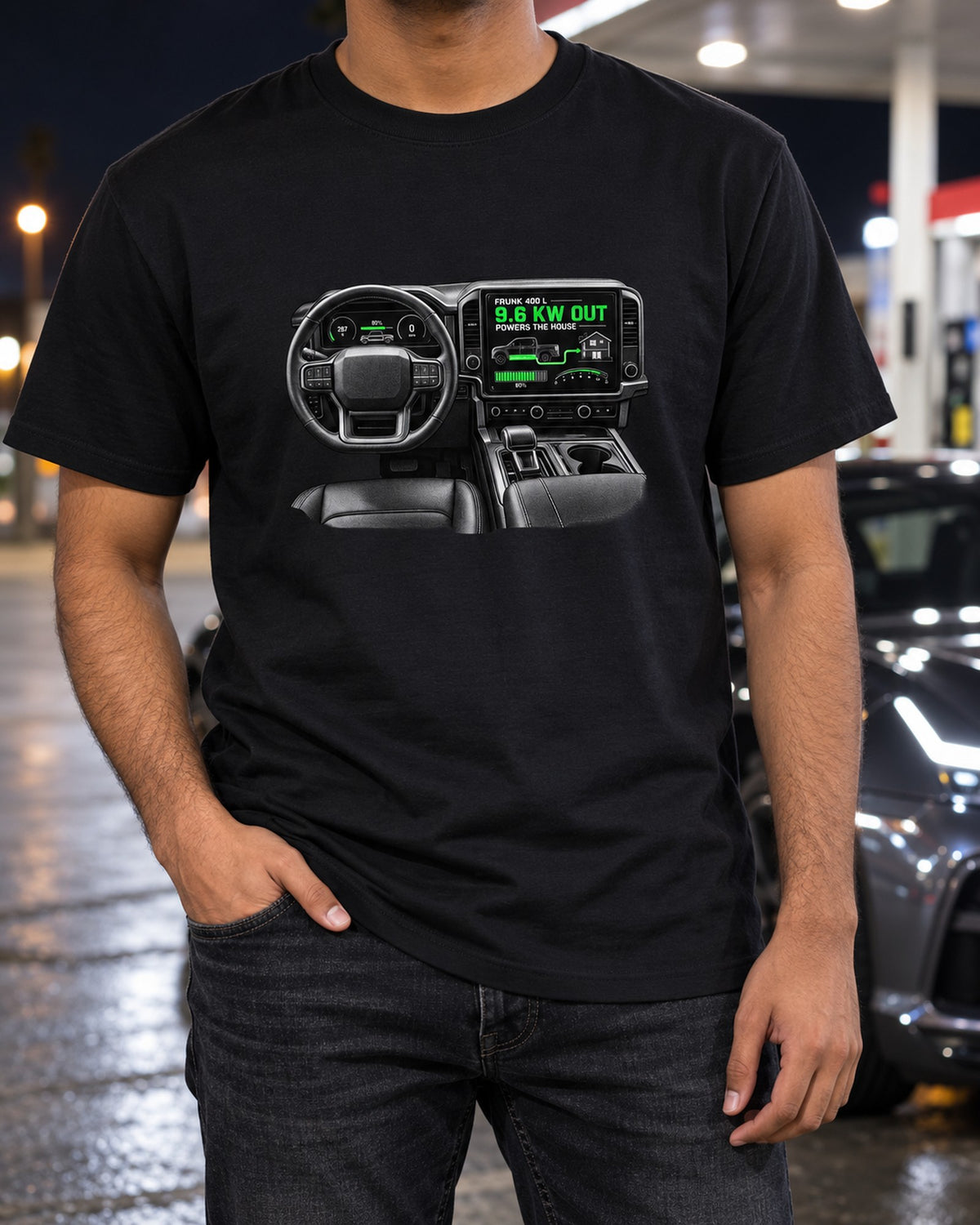 F-150 Lightning Frunk and Screen Cockpit Shirt, Ford EV Tee T-Shirt Black worn hero