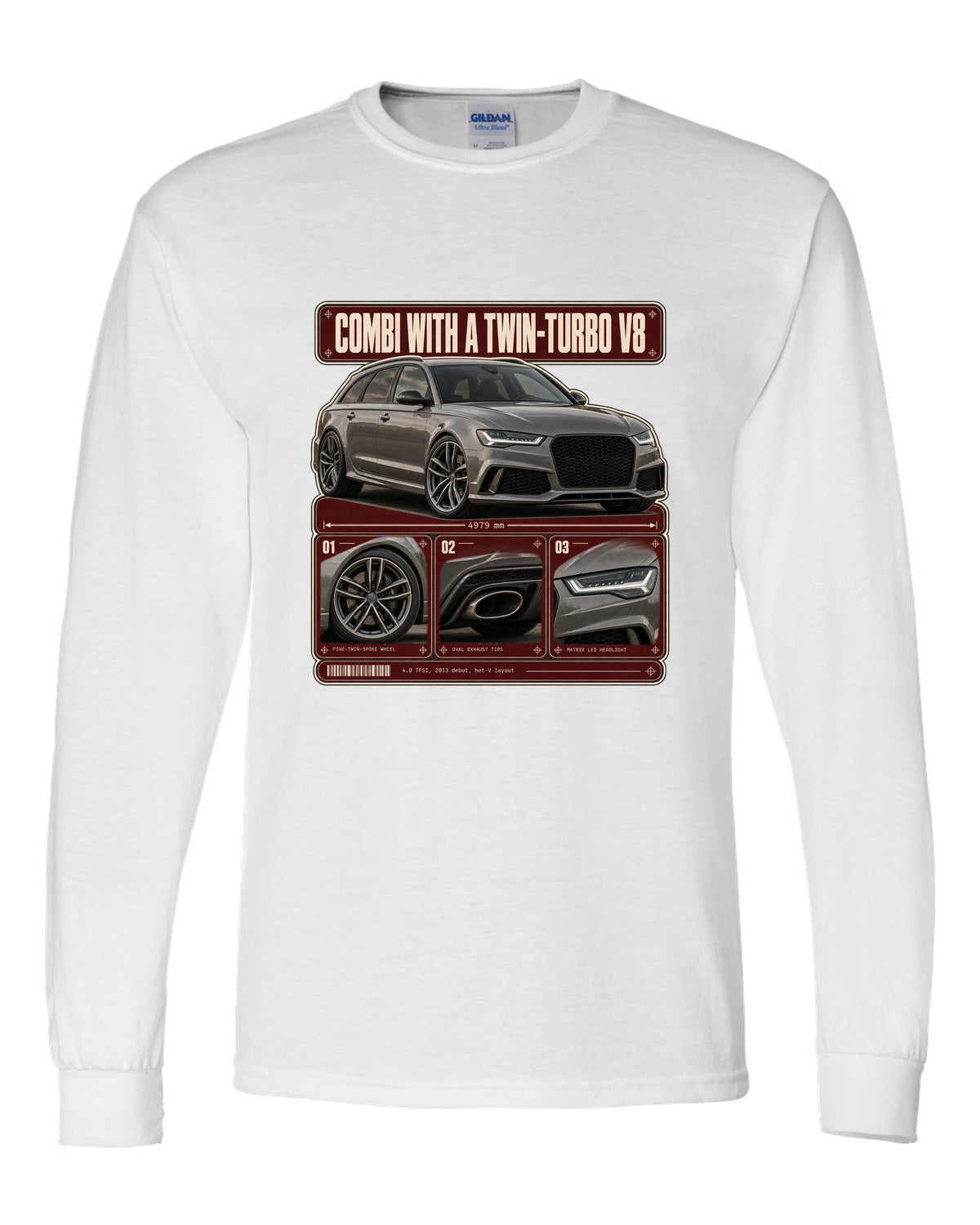 Audi RS6 Avant C7 warm grey dossier panels print white long sleeve front view with the design