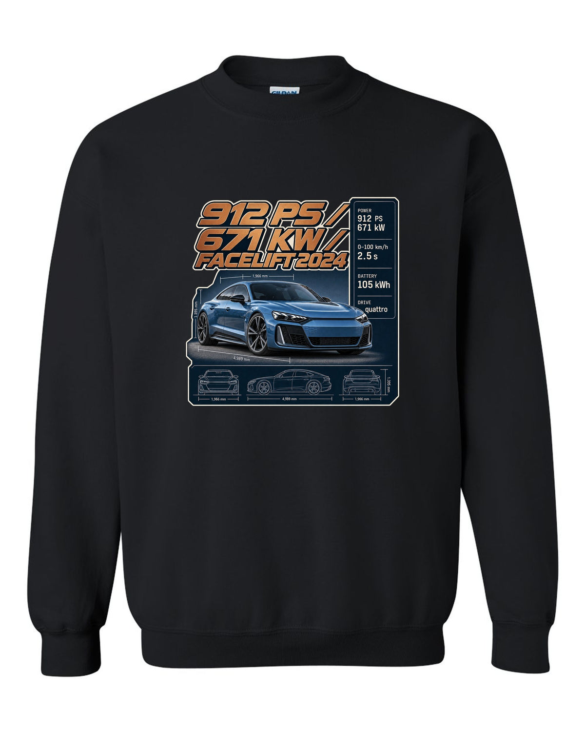 Audi RS e-tron GT performance facelift spec poster print design black crewneck front view with the design