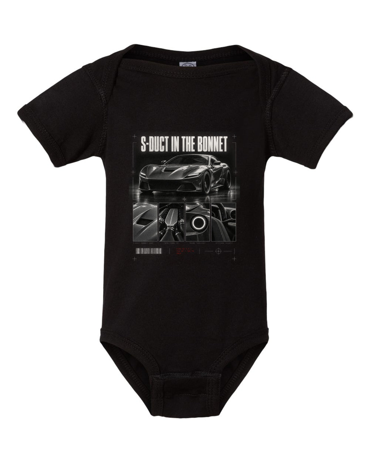 Dossier panel print of a Ferrari F8 Tributo with S-duct in the bonnet and 720 PS text black baby onesie front view with the design