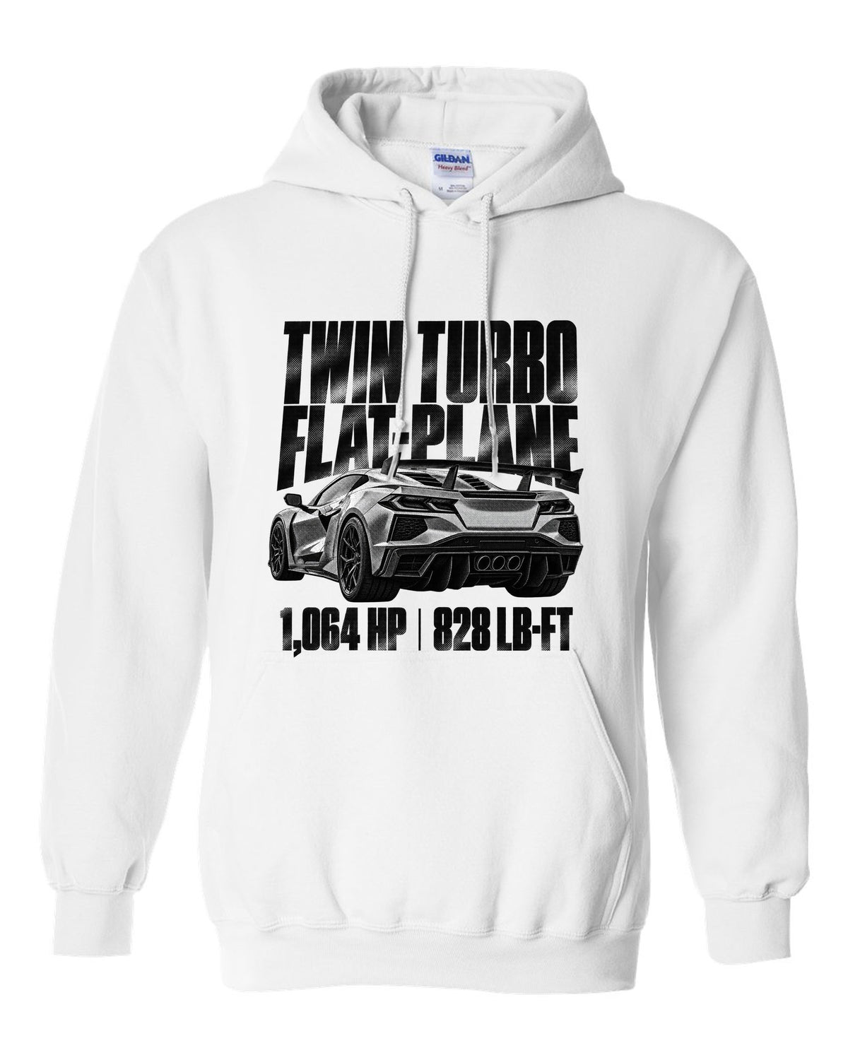 Corvette C8 ZR1 2025 hood vents and rear wing in halftone white pull over hoodie front view with the design