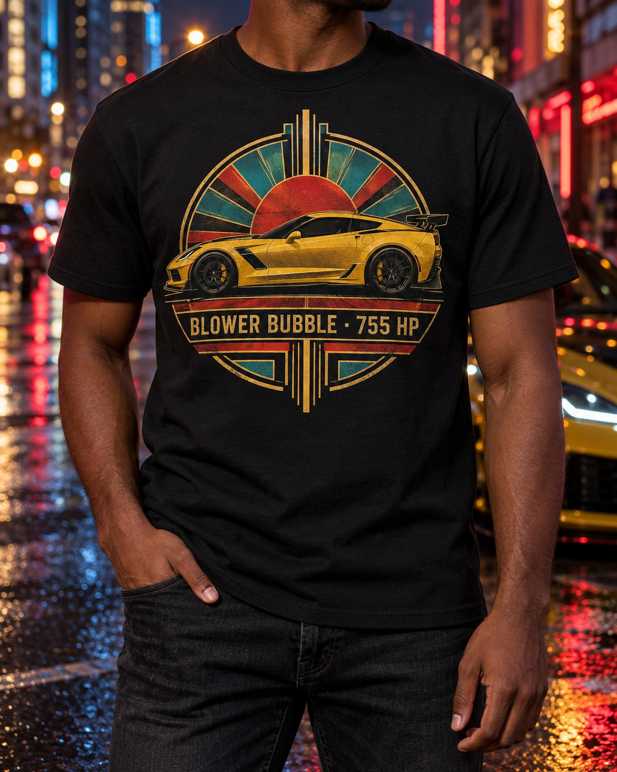 Corvette C7 ZR1 Art Deco Racing Poster Shirt, 755 Horsepower T-Shirt Black worn hero