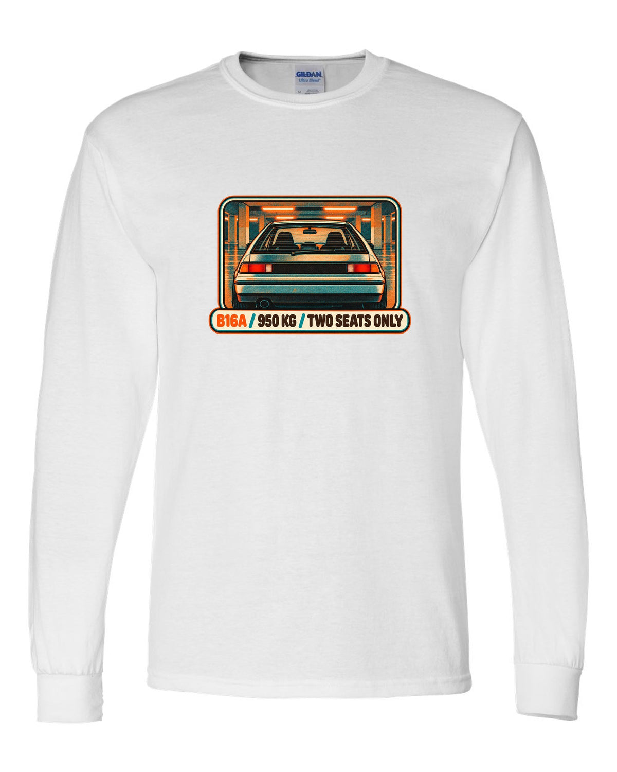 Grunge stencil print of a Honda NSX-R with No A/C No Stereo lettering white long sleeve front view with the design