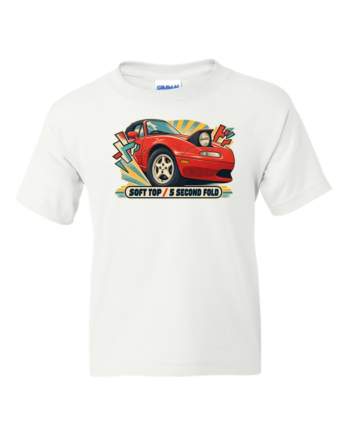 HUD style gauge cluster of a Mazda MX-5 NB with 7K redline text white kids tee front view with the design