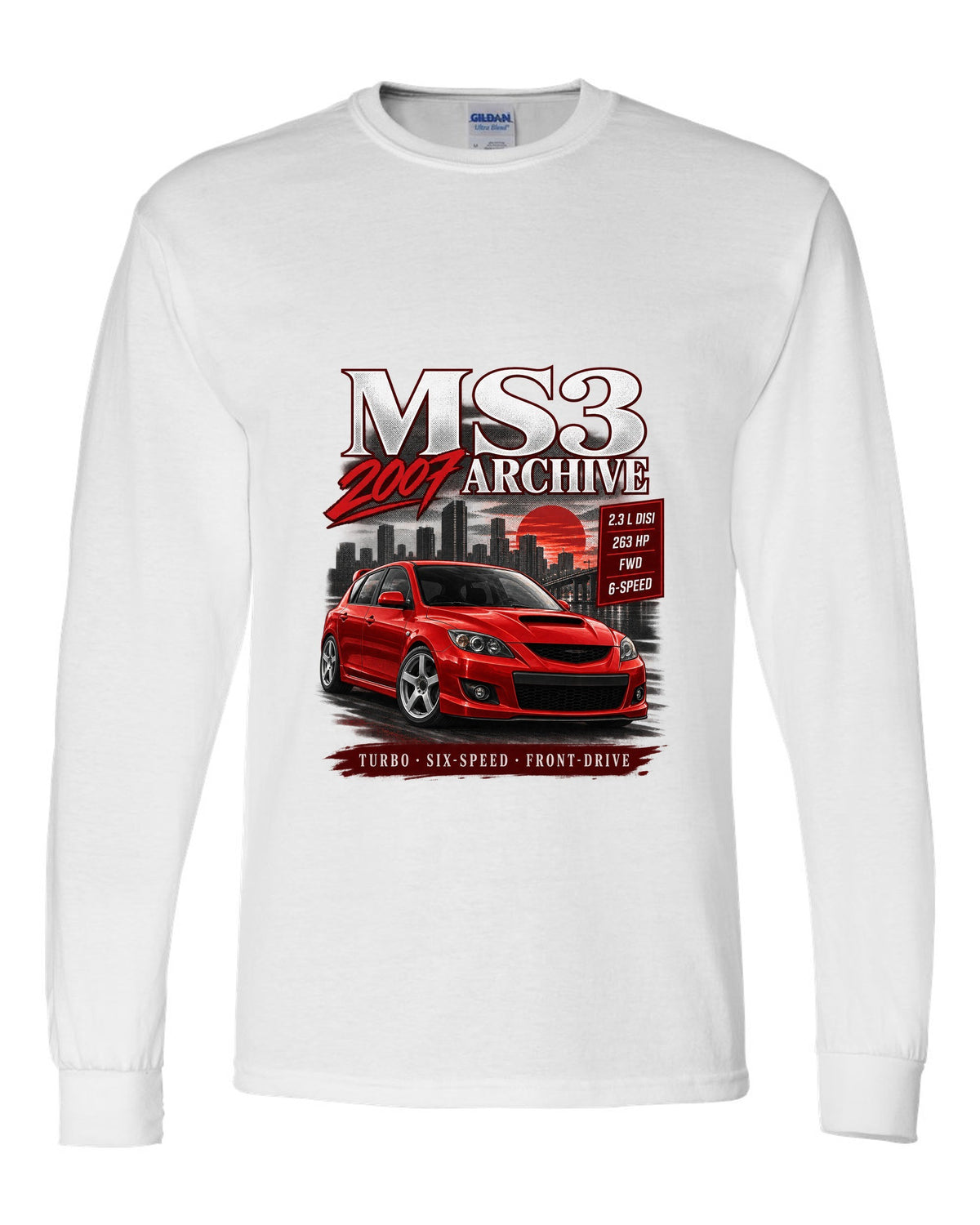 Mazdaspeed3 front three-quarter archive panel with MS3 Archive 2007 heading white long sleeve front view with the design