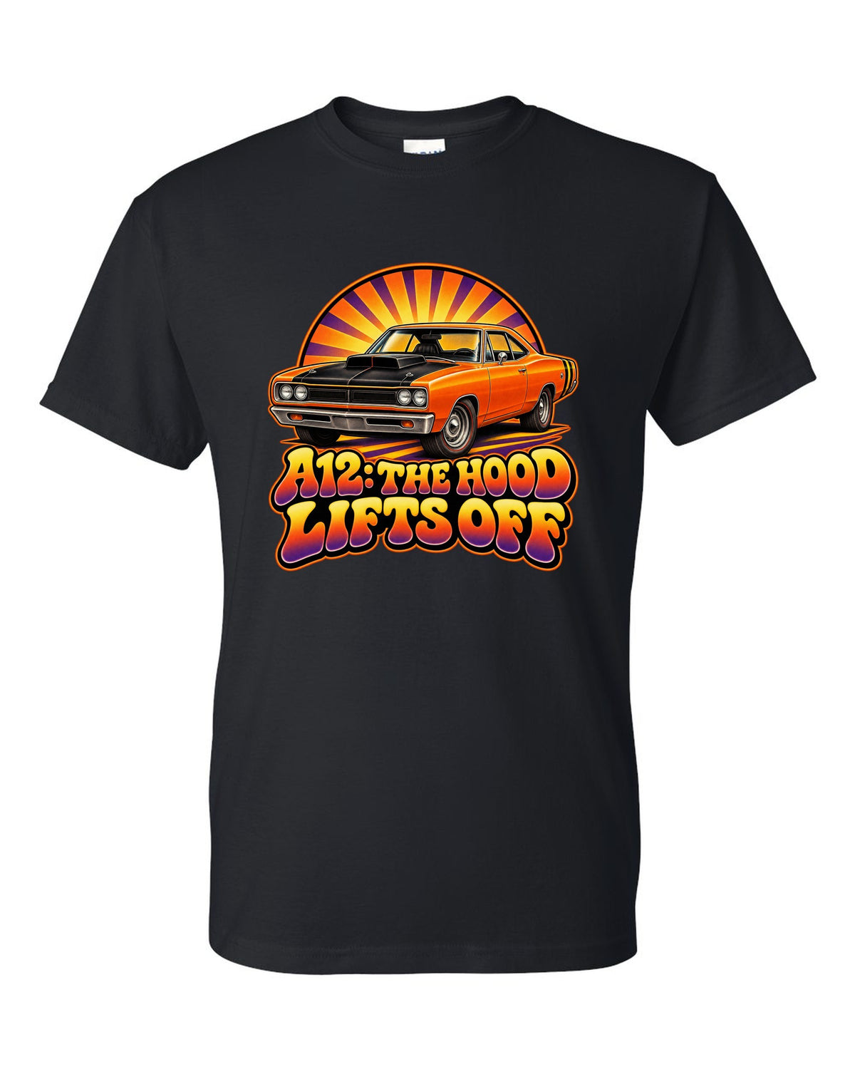Retro 70s airbrush sunburst design with a 1969 Dodge Coronet Super Bee A12 and lift-off hood text black t-shirt front view with the design