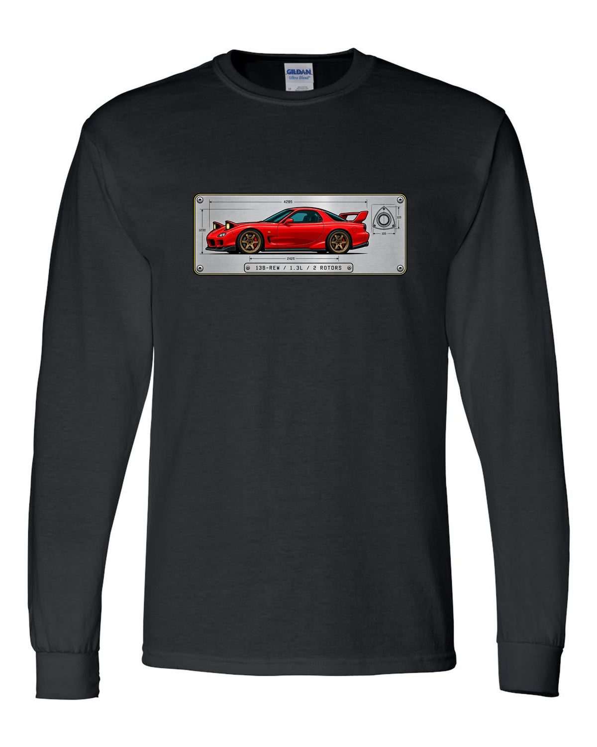 Spec plate print for a Mazda RX-7 FD3S listing 13B-REW, 1.3L and 2 rotors black long sleeve front view with the design