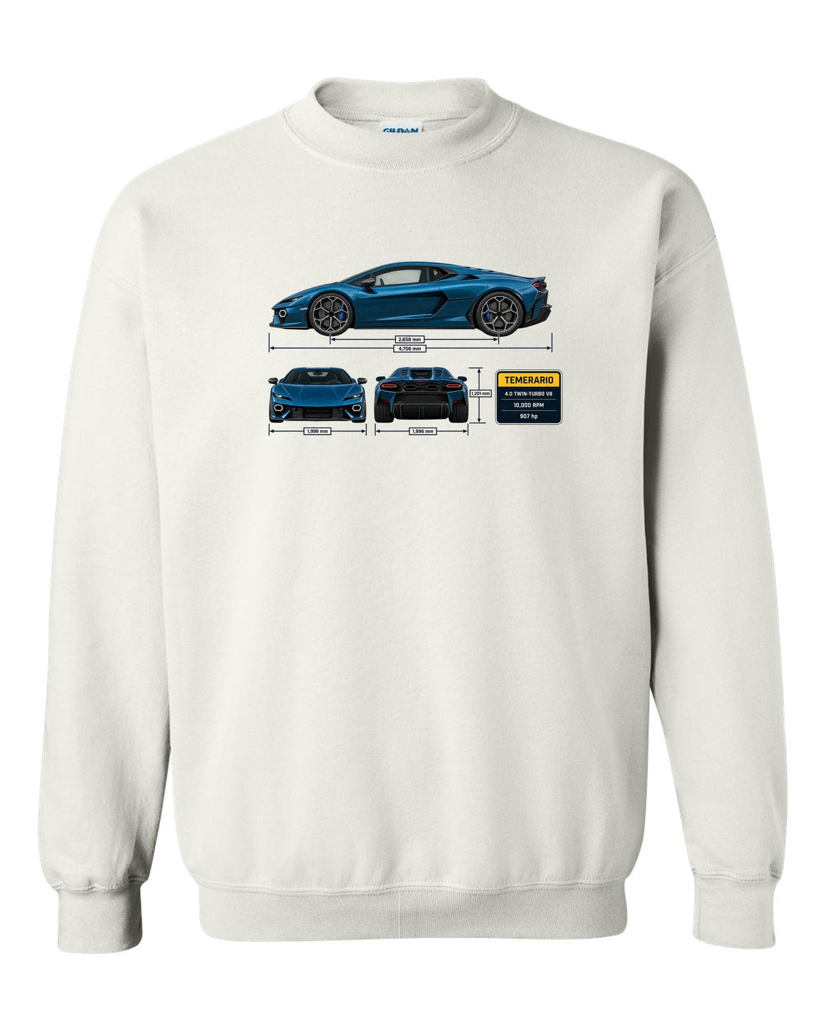 Three-view spec print of the Lamborghini Temerario white crewneck front view with the design