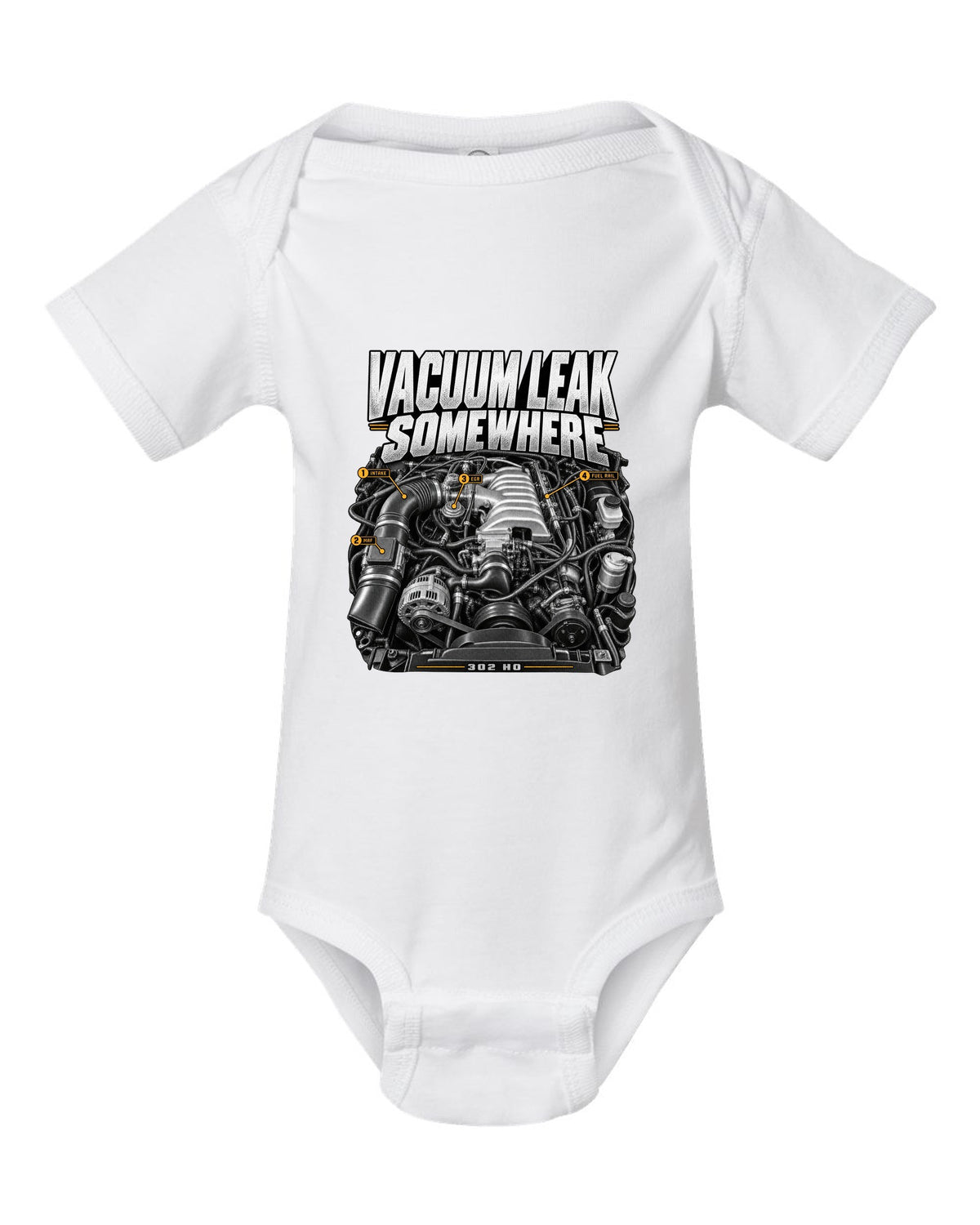 print of a Ford Mustang Fox Body 5.0 302 HO engine bay, 1987-93 white baby onesie front view with the design